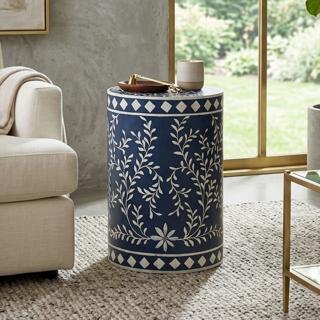 Luxury Bone Inlay End Table | Floral Round Stool Decor