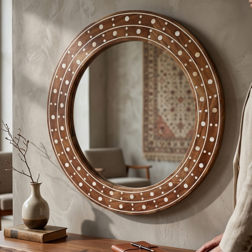 Round bone inlay handmade wooden wall mirror frame