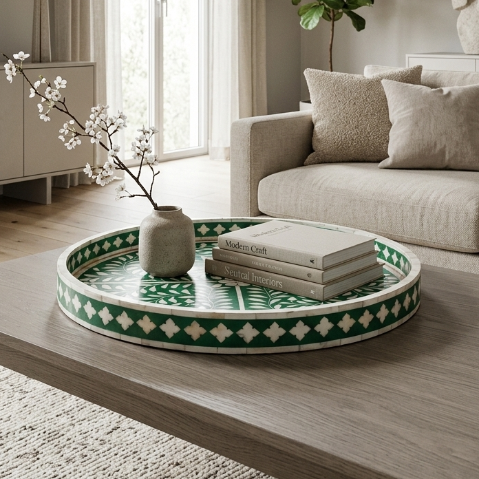Bone Inlay Round Serving Tray – Floral Pattern Home Decor