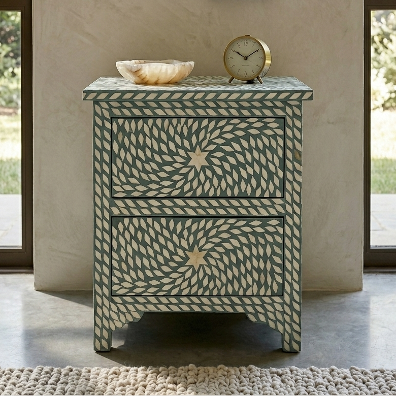 Luxury Bone Inlay Bedside Table | 2-Drawer Nightstand