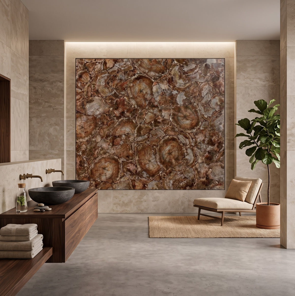 A large rectangular wall art piece featuring a natural stone or marble-like pattern in earthy brown, bronze, and beige tones, displayed in a modern bathroom setting with a wooden vanity, vessel sinks, a lounge chair, and a potted plant.