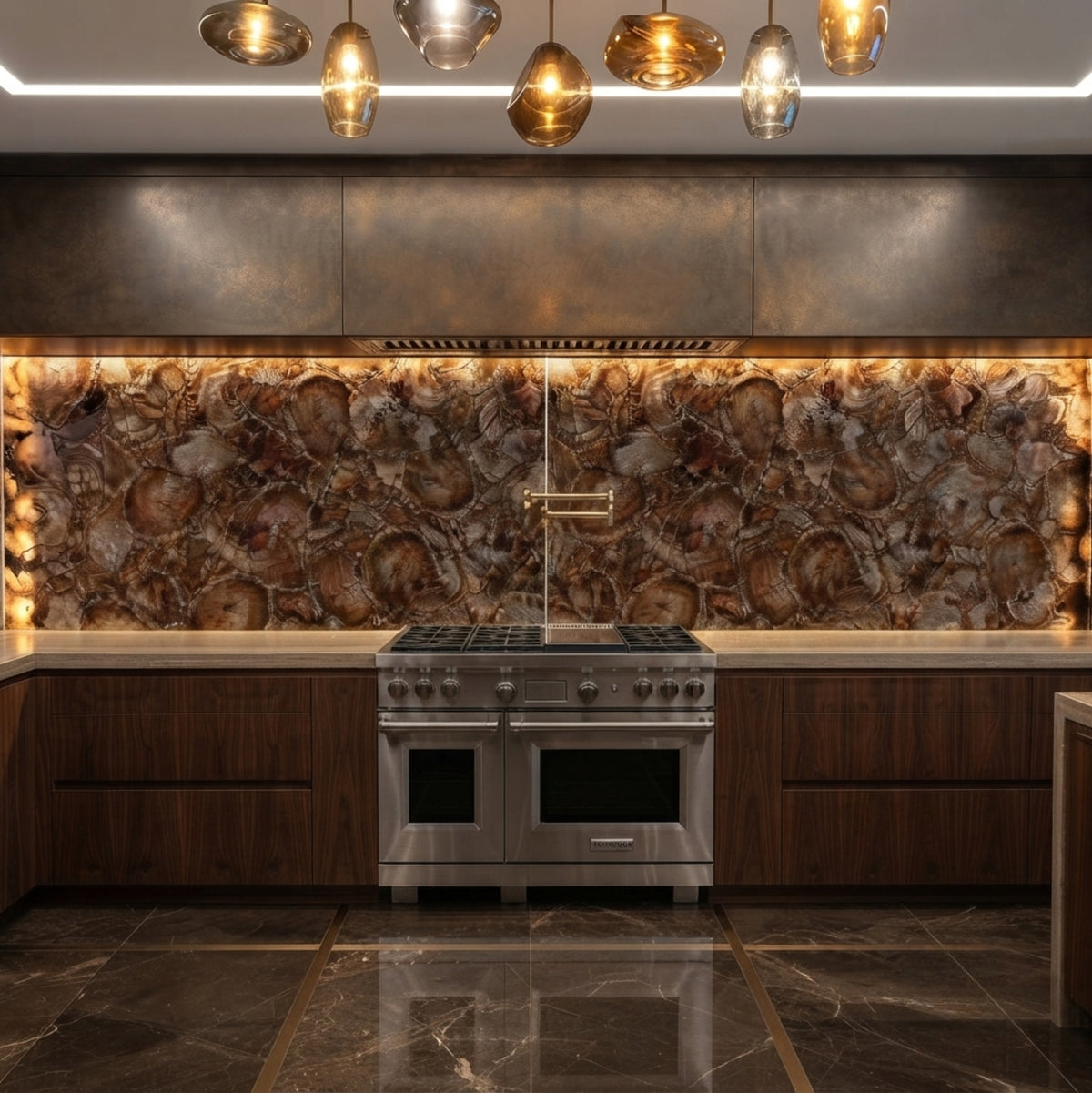 A luxury modern kitchen featuring a large natural stone shell-patterned backsplash, dark wood cabinetry, a stainless steel dual oven, and warm pendant lights.