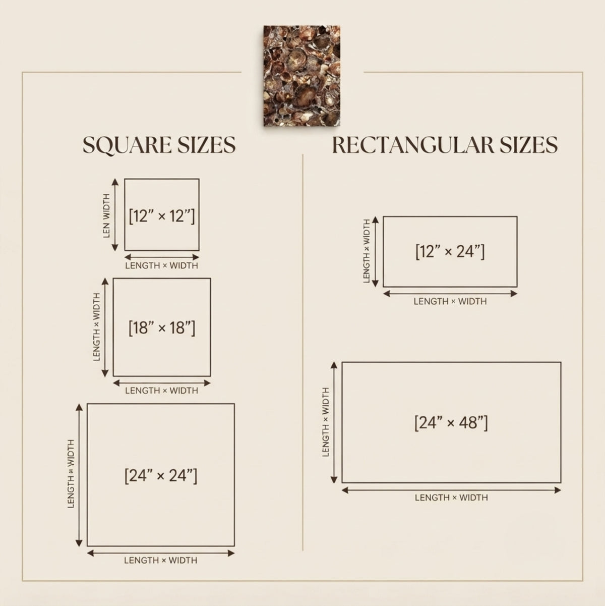 A size guide diagram showing square and rectangular fabric or material sizes with dimension labels and a small square swatch sample at the top center on a beige background.