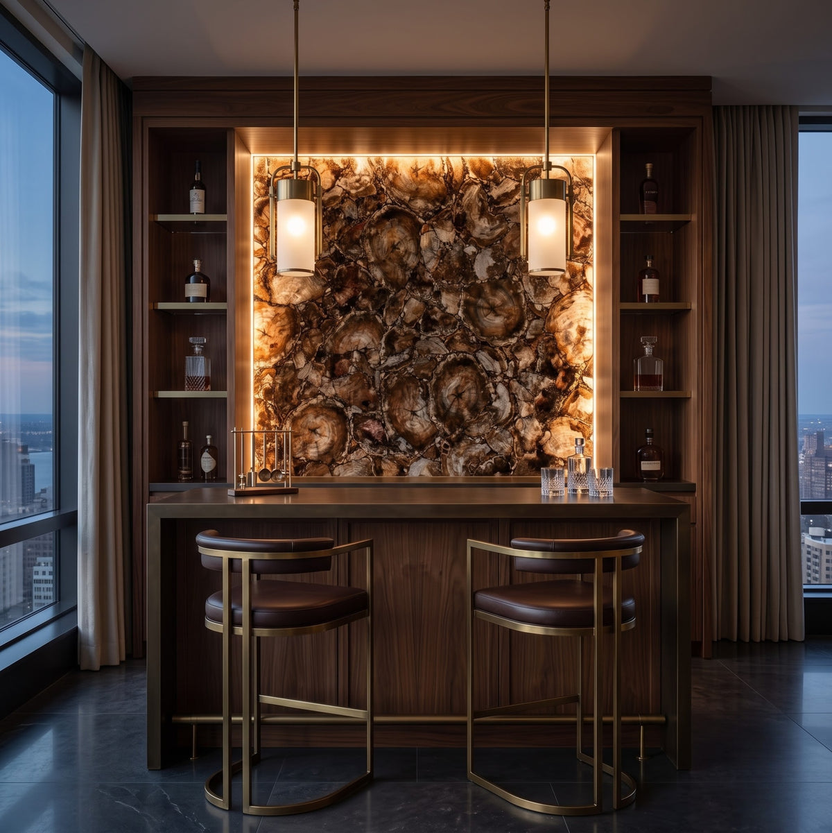 A luxury modern bar setup in a high-rise apartment, featuring a dark wood bar counter with two matching barstools, a large illuminated oyster shell wall backdrop, and built-in shelving with bottles.
