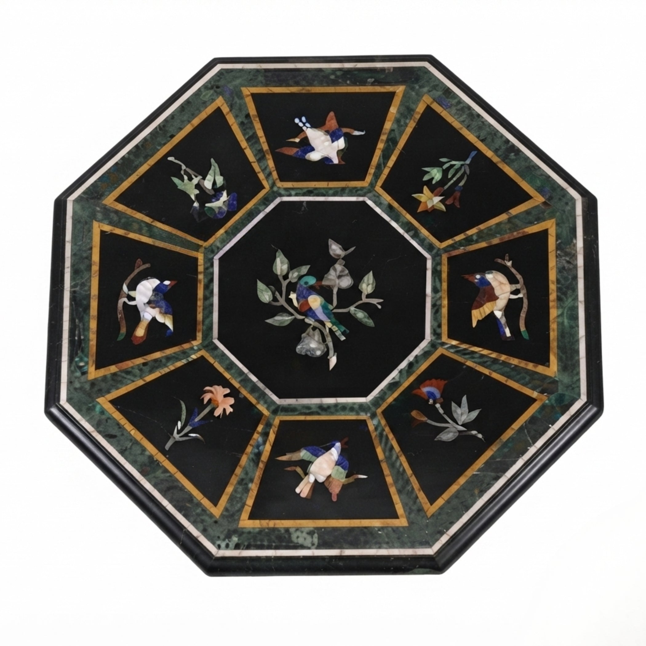 Handcrafted black marble octagonal table top featuring colorful bird and floral pietra dura inlay with semi-precious gemstones on a white background.