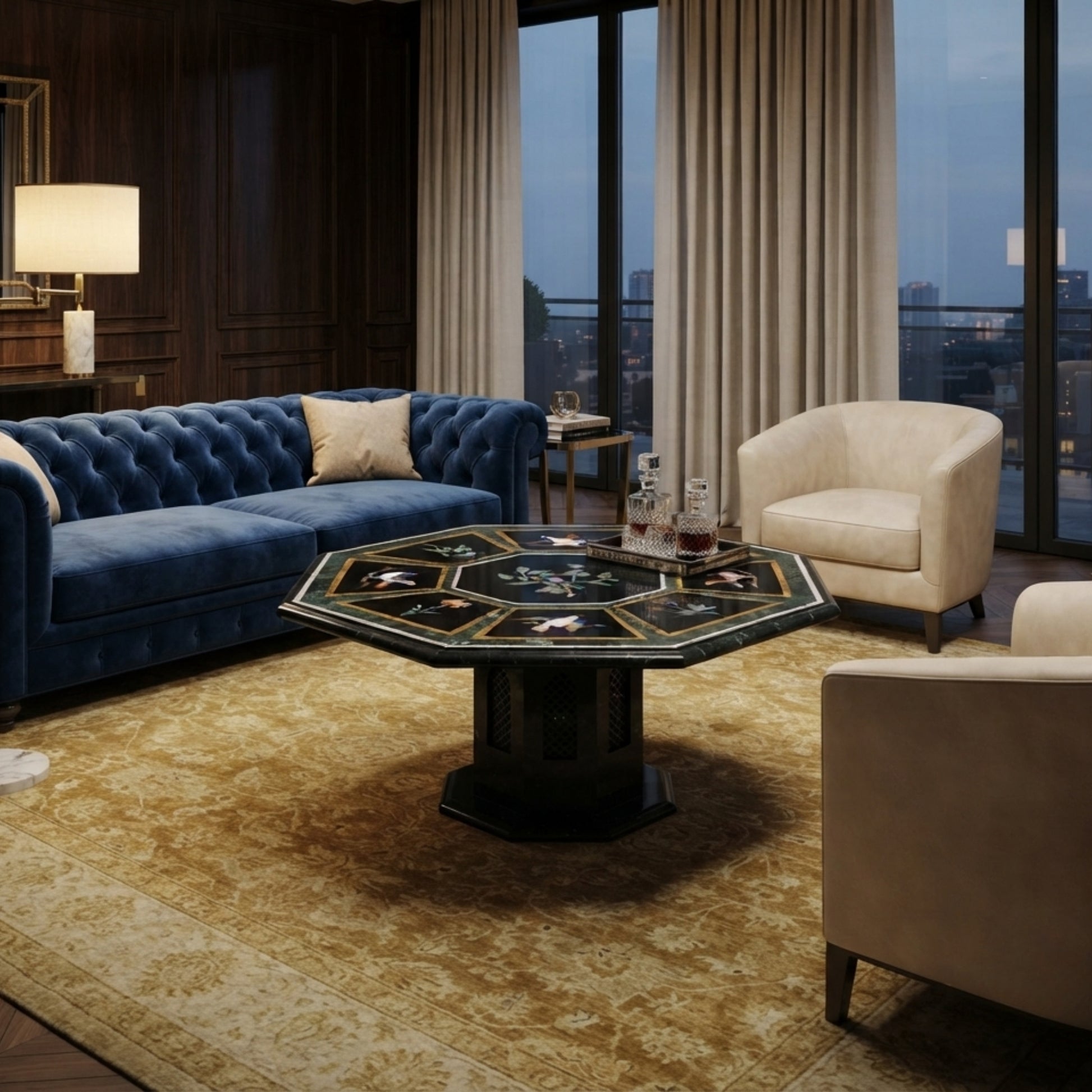 Luxury black marble octagonal coffee table top with handcrafted bird pietra dura inlay displayed in an elegant contemporary living room interior.