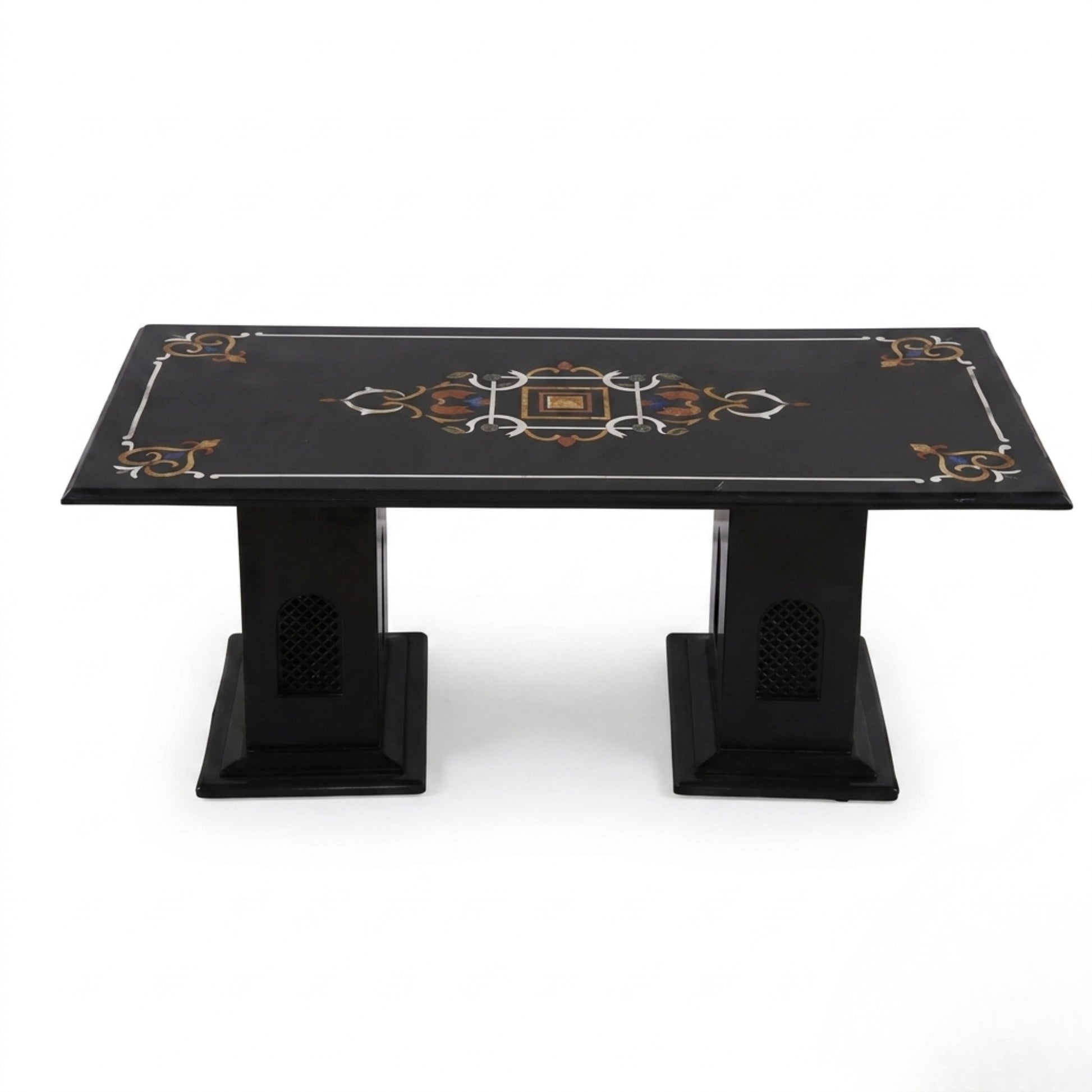 Handmade Black Marble Pietra Dura Coffee Table with rectangular tabletop and handcrafted semi-precious stone inlay.