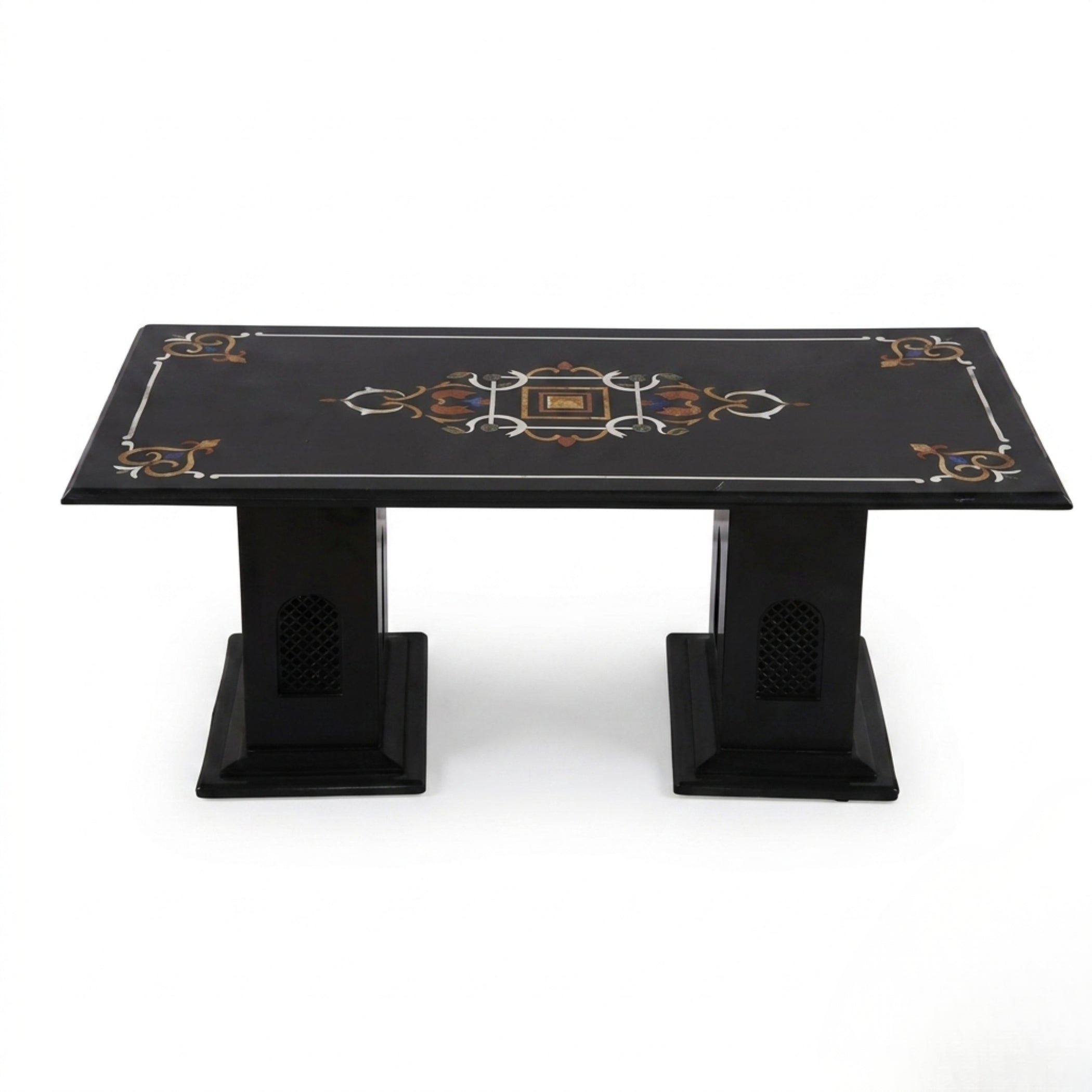 Handmade Black Marble Pietra Dura Coffee Table with rectangular tabletop and handcrafted semi-precious stone inlay.