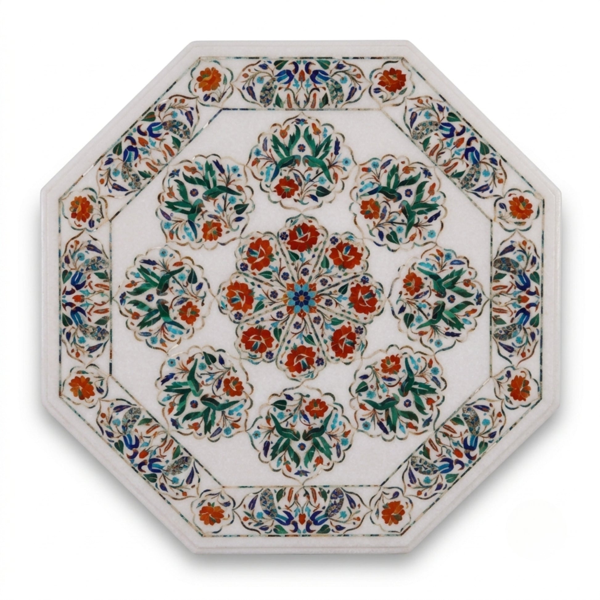 Top View of Handmade White Marble Pietra Dura Coffee Table with Floral Stone Inlay Pattern