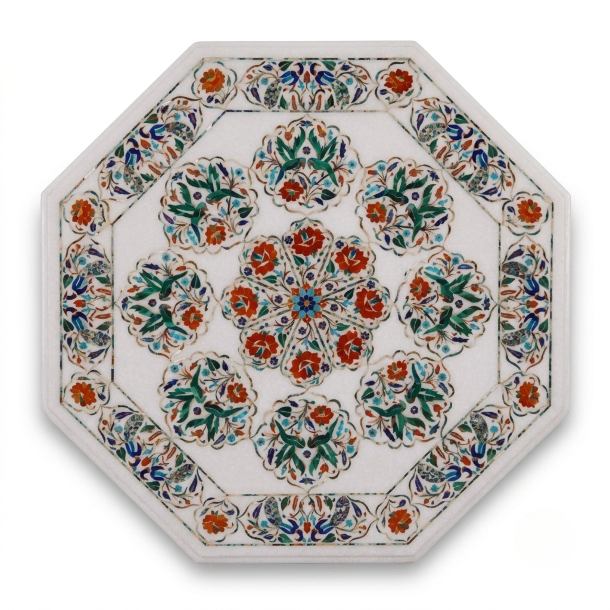 Top View of Handmade White Marble Pietra Dura Coffee Table with Floral Stone Inlay Pattern