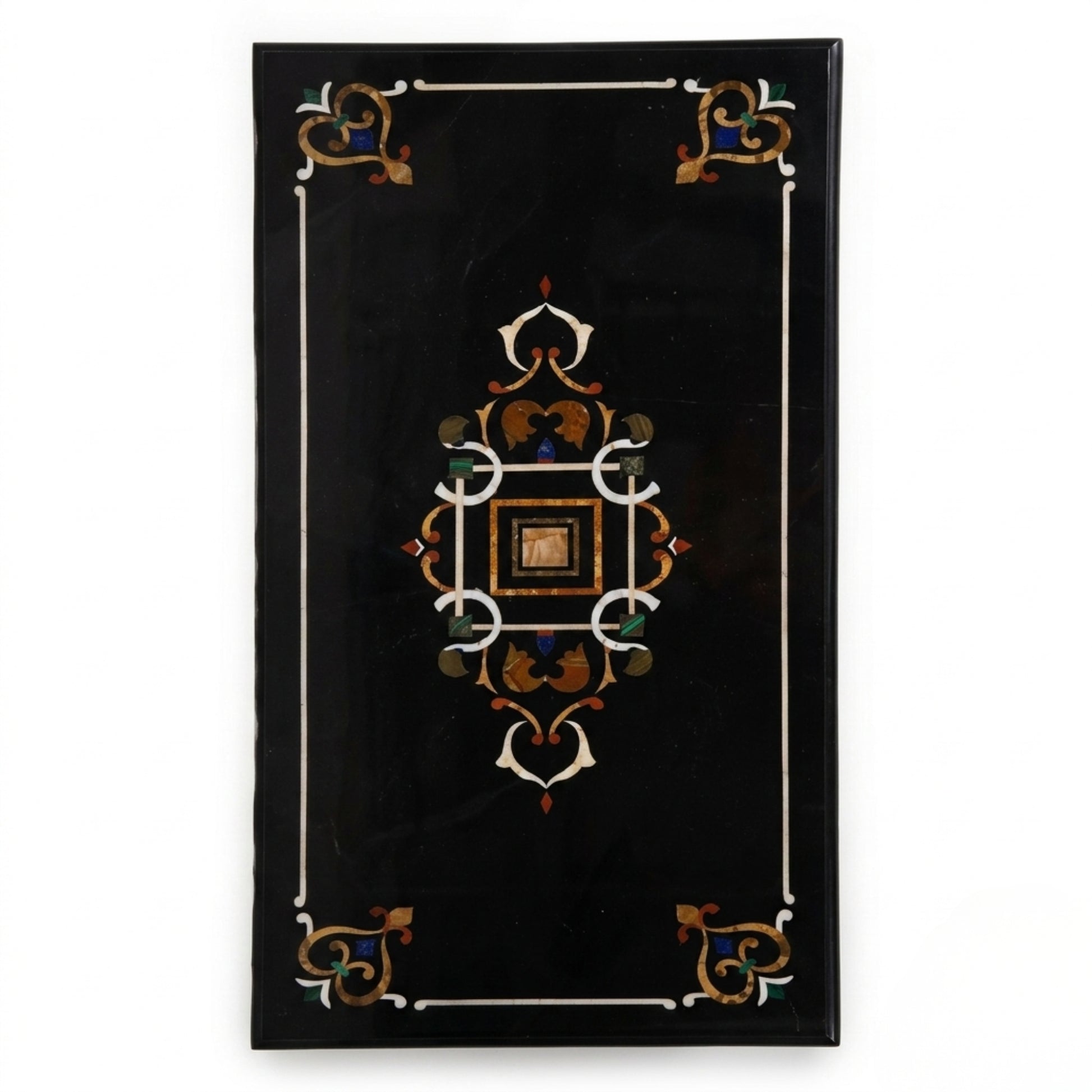 Top view of a handmade Black Marble Pietra Dura Coffee Table showcasing intricate floral stone inlay craftsmanship.