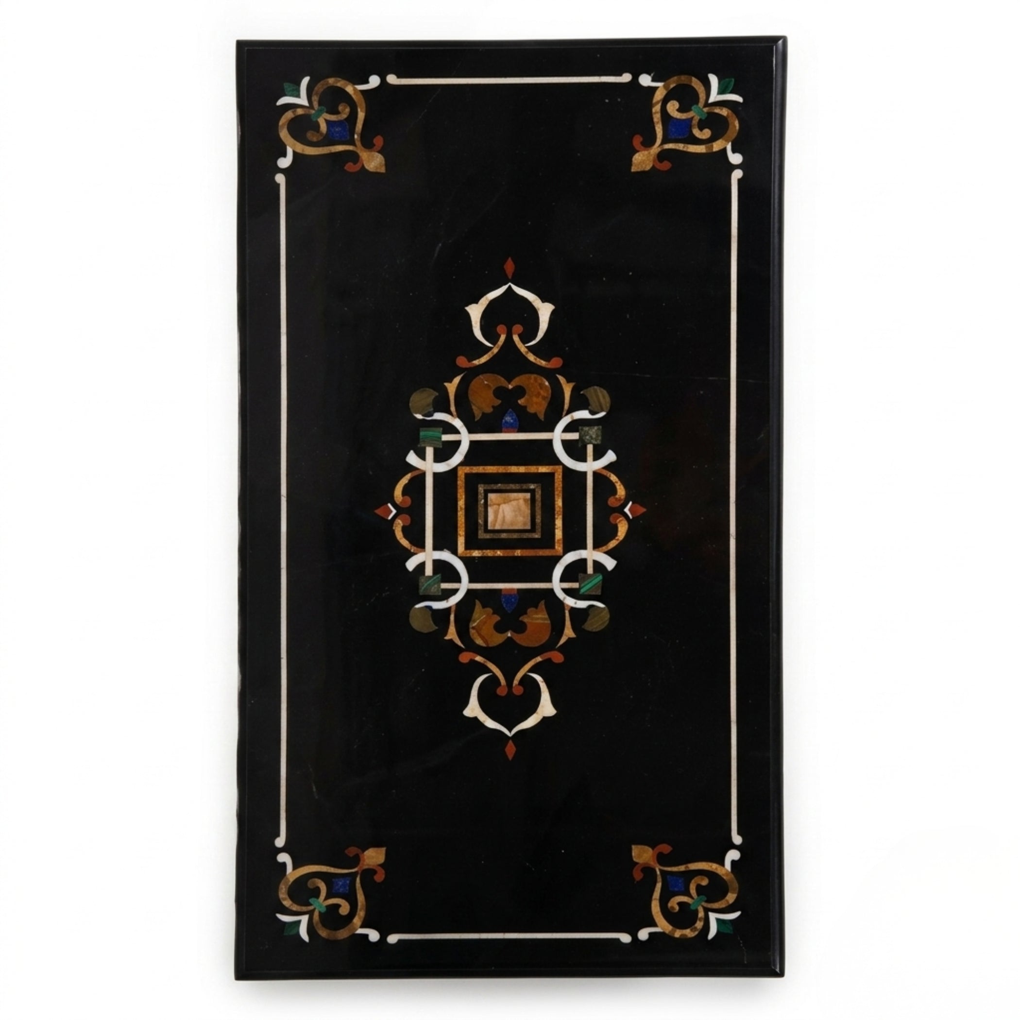 Top view of a handmade Black Marble Pietra Dura Coffee Table showcasing intricate floral stone inlay craftsmanship.