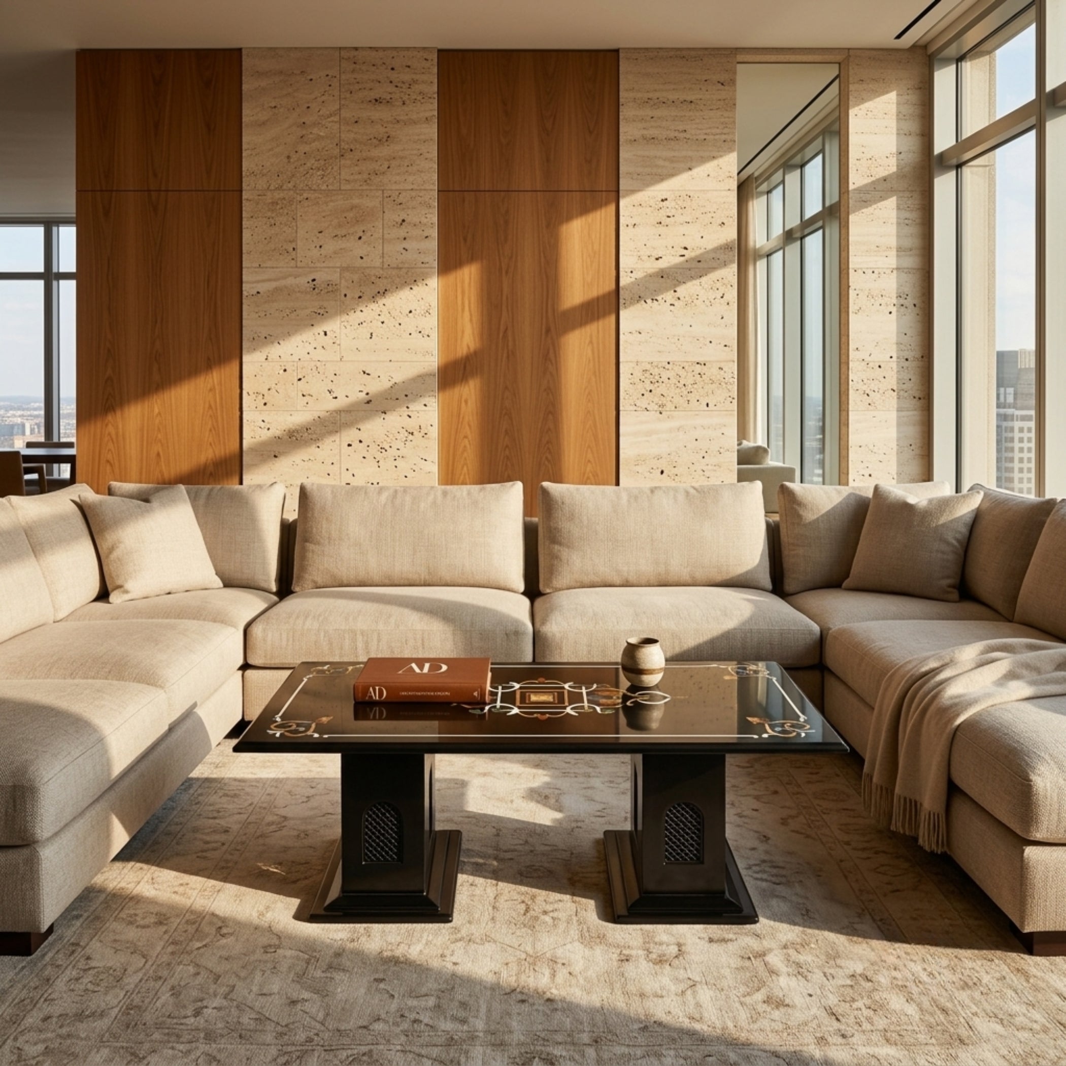 A modern U-shaped sectional sofa in light beige fabric, arranged in a sunlit living room with a black glass-top coffee table, textured stone wall panels, and large windows.