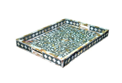 Handmade Mother of Pearl inlay floral design kitchen serving tray coffee decor tray