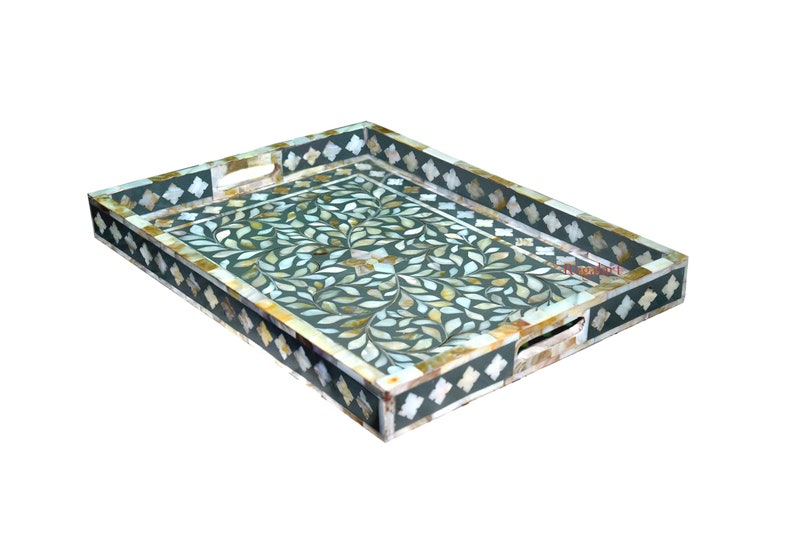 Handmade Mother of Pearl inlay floral design kitchen serving tray coffee decor tray