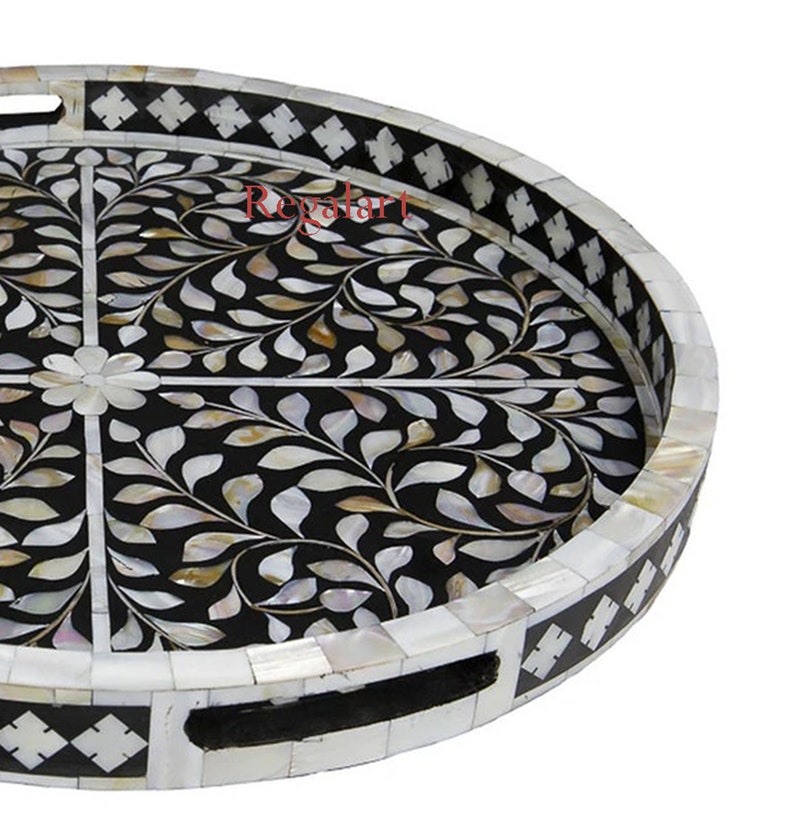 Mother of Pearl Inlay Floral Pattern Kitchen Serving Tray Handmade Round Pattern Tray Home Decor Art