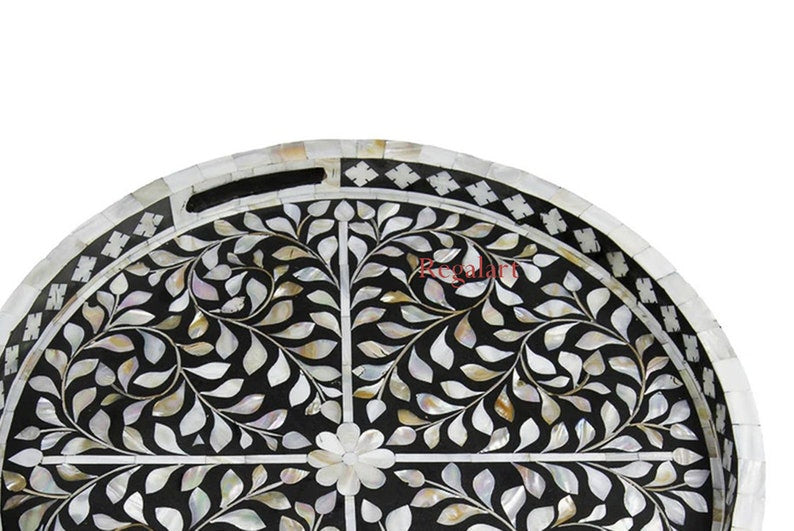 Mother of Pearl Inlay Floral Pattern Kitchen Serving Tray Handmade Round Pattern Tray Home Decor Art