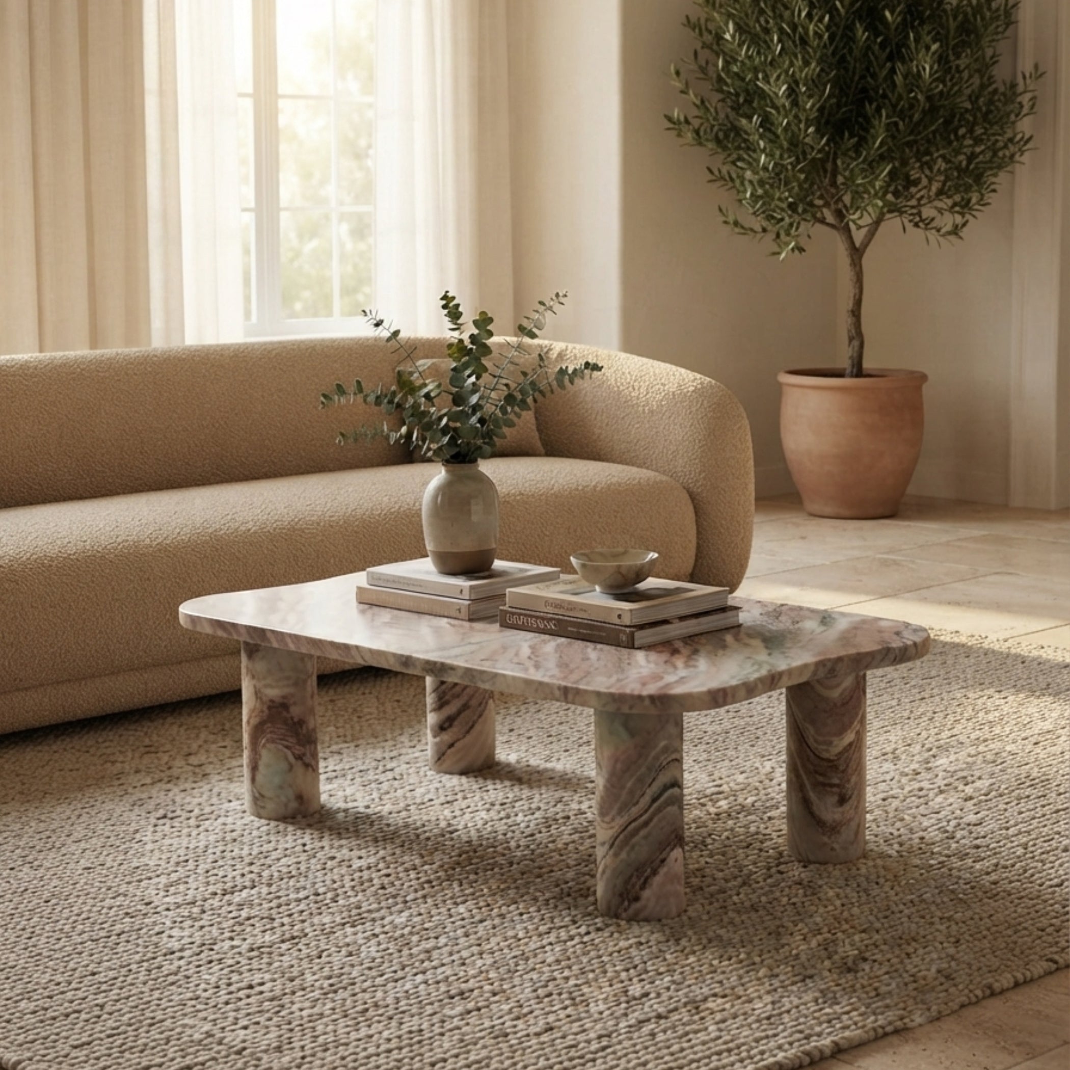 A rectangular coffee table with a polished pinkish-beige marble top and carved stone legs, styled in a warm living room next to a beige sofa on a woven rug.