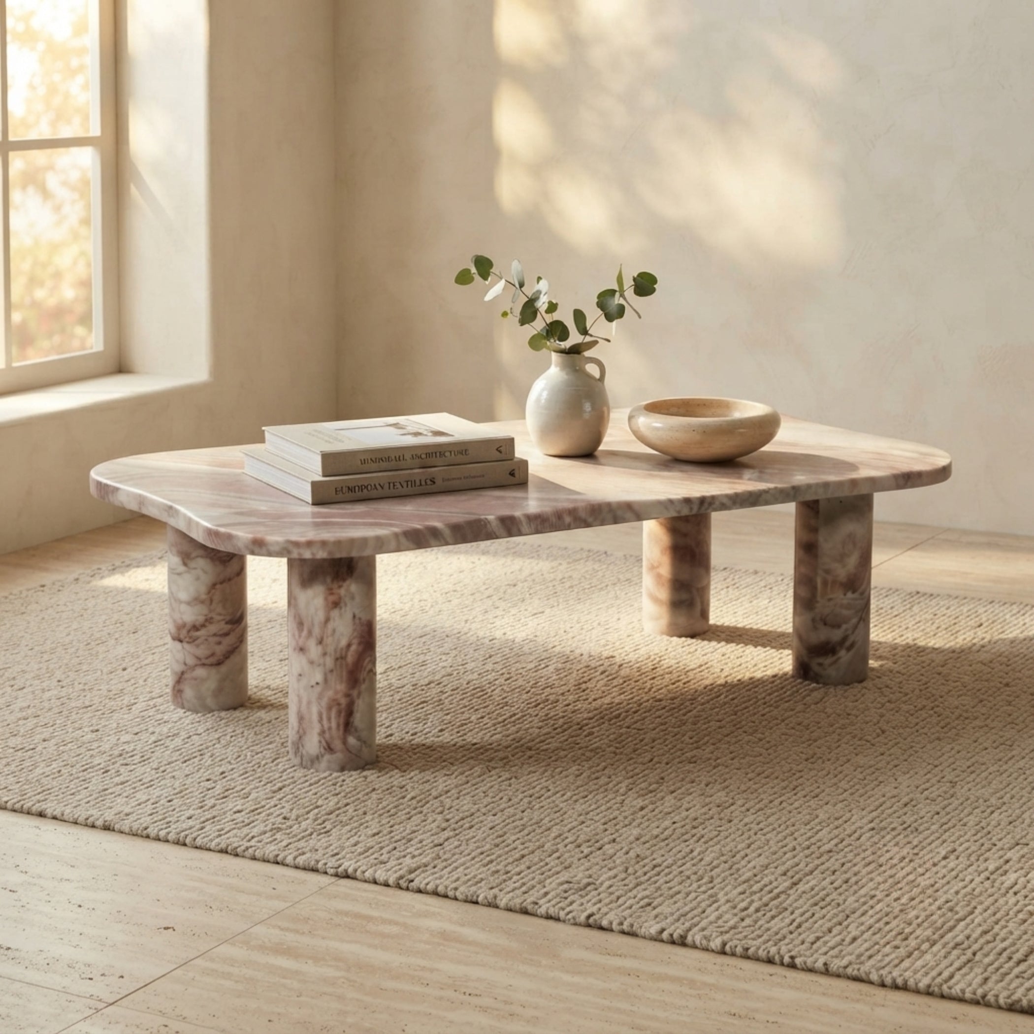 A low oval marble coffee table with chunky stone legs, styled with books, a small vase of greenery, and a bowl in a sunlit room with a woven rug.