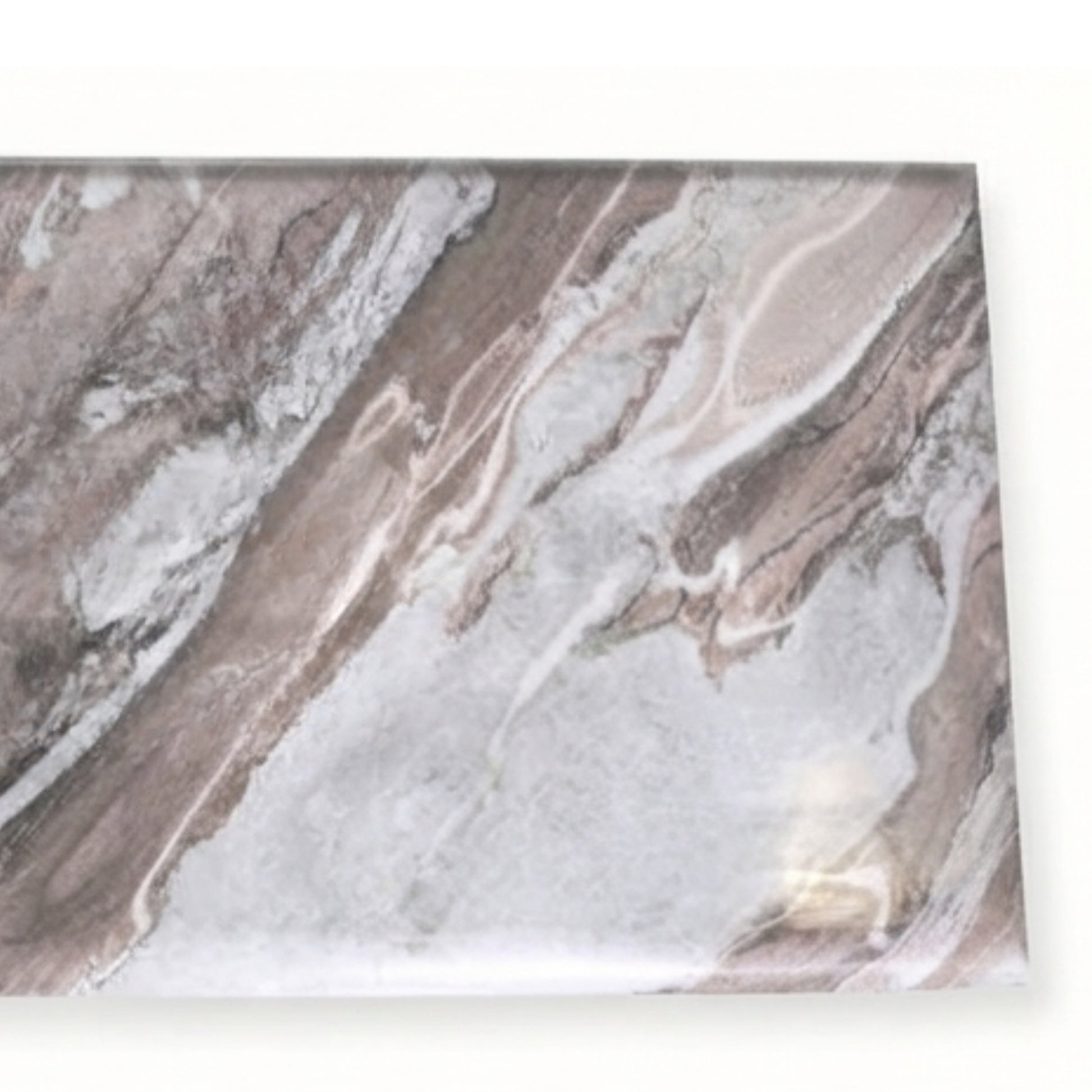 A rectangular sample of marble-patterned material with swirling veining in white, gray, taupe, and soft pink tones, shown against a plain white background.