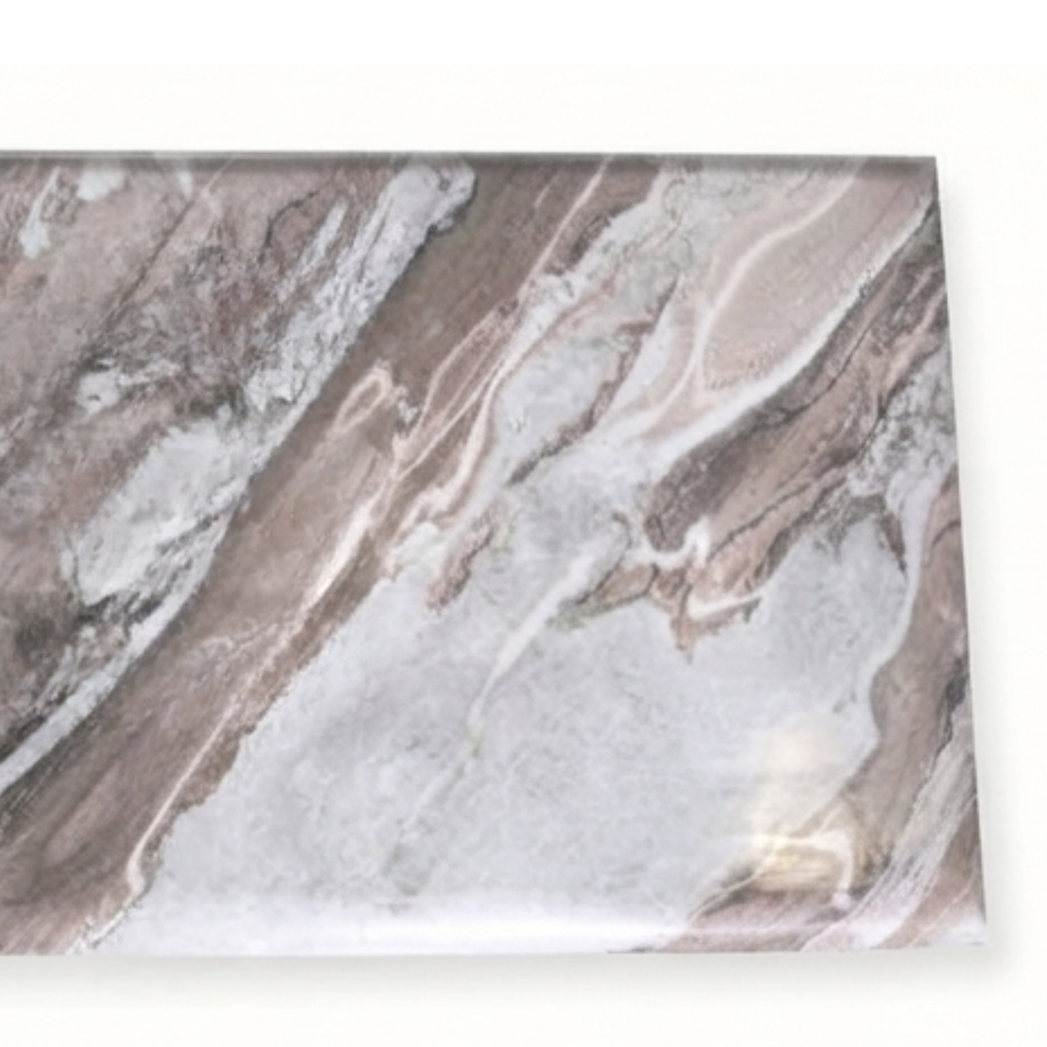 A rectangular sample of marble-patterned material with swirling veining in white, gray, taupe, and soft pink tones, shown against a plain white background.