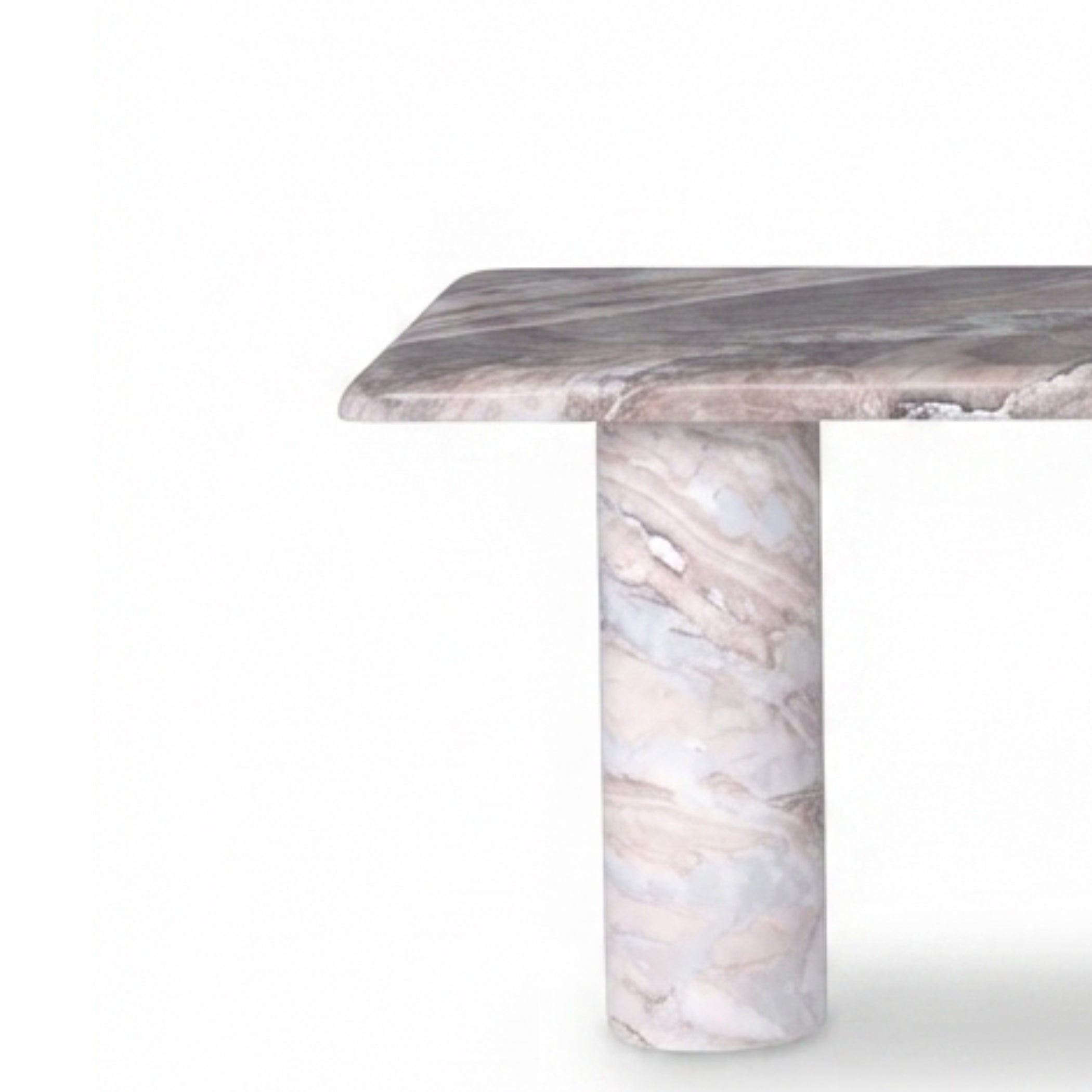 A modern rectangular table with a rounded square top and a cylindrical pedestal base, both made of pale pink and gray marbled stone, shown on a white background.