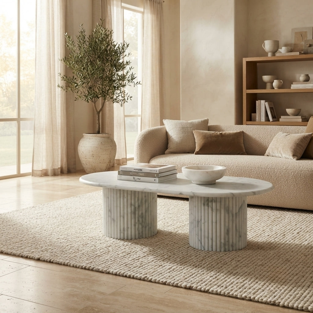 A modern round coffee table with a white marble top and fluted gray stone pedestal legs, styled in a warm, neutral-toned living room next to a beige sofa and a large potted olive tree.