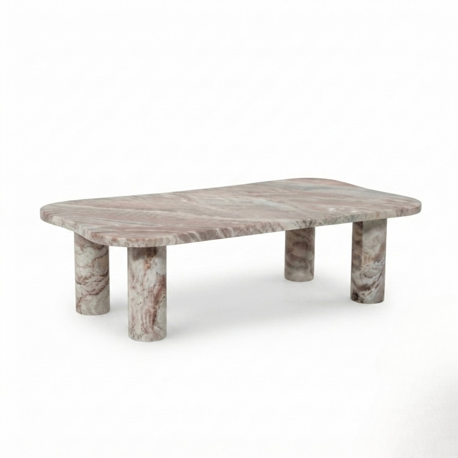 A low rectangular coffee table made of pinkish-gray marble with visible white and brown veining, featuring a rounded rectangular top and four cylindrical legs, shown on a plain white background.