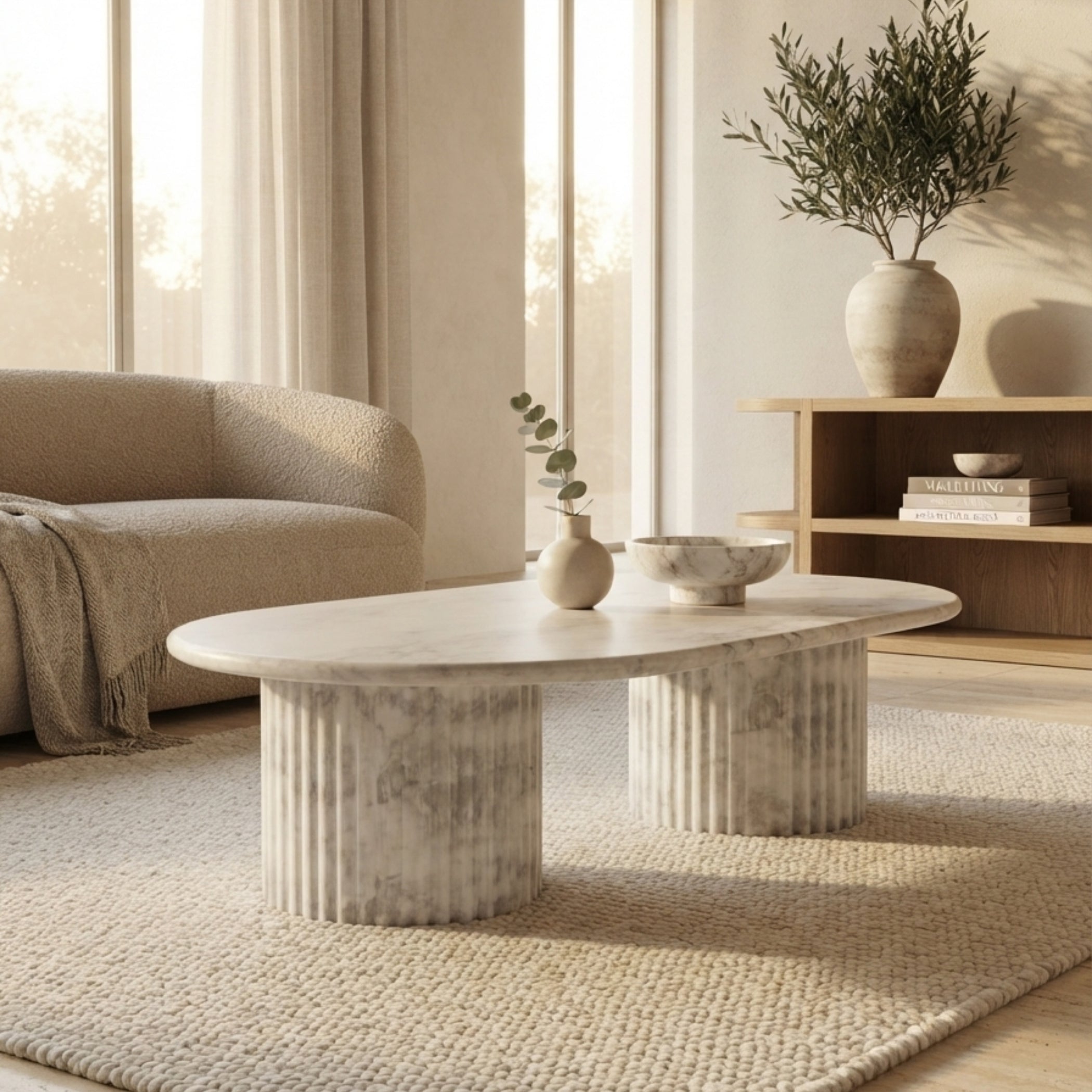 A modern oval coffee table with fluted pedestal legs and a white marble top, styled in a bright, minimalist living room next to a beige sofa and a wooden sideboard.