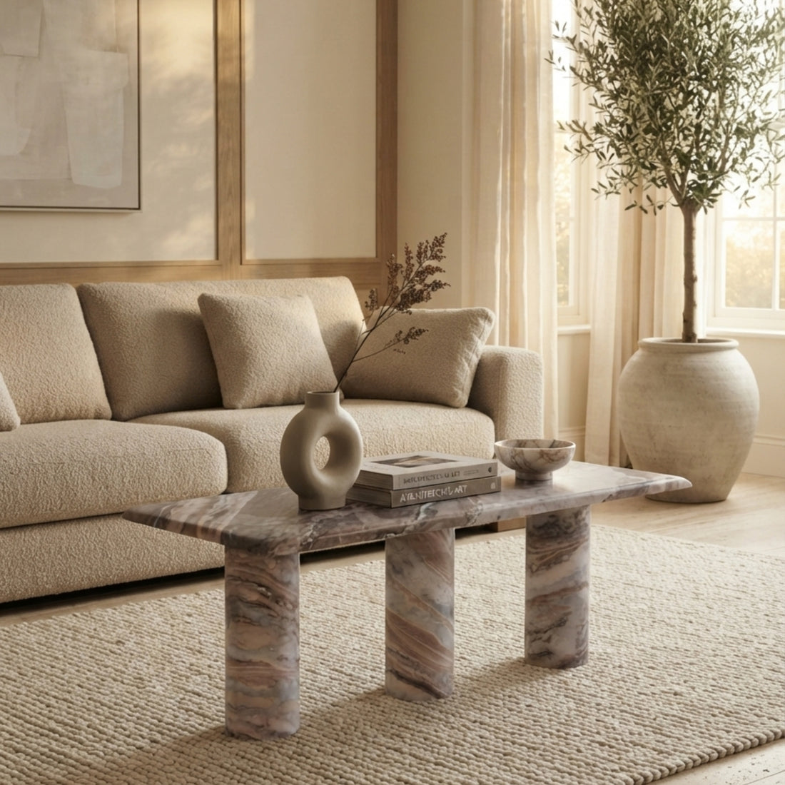 A modern rectangular coffee table with a polished marble top and three carved stone legs, styled in a warm, neutral-toned living room next to a boucle sofa.