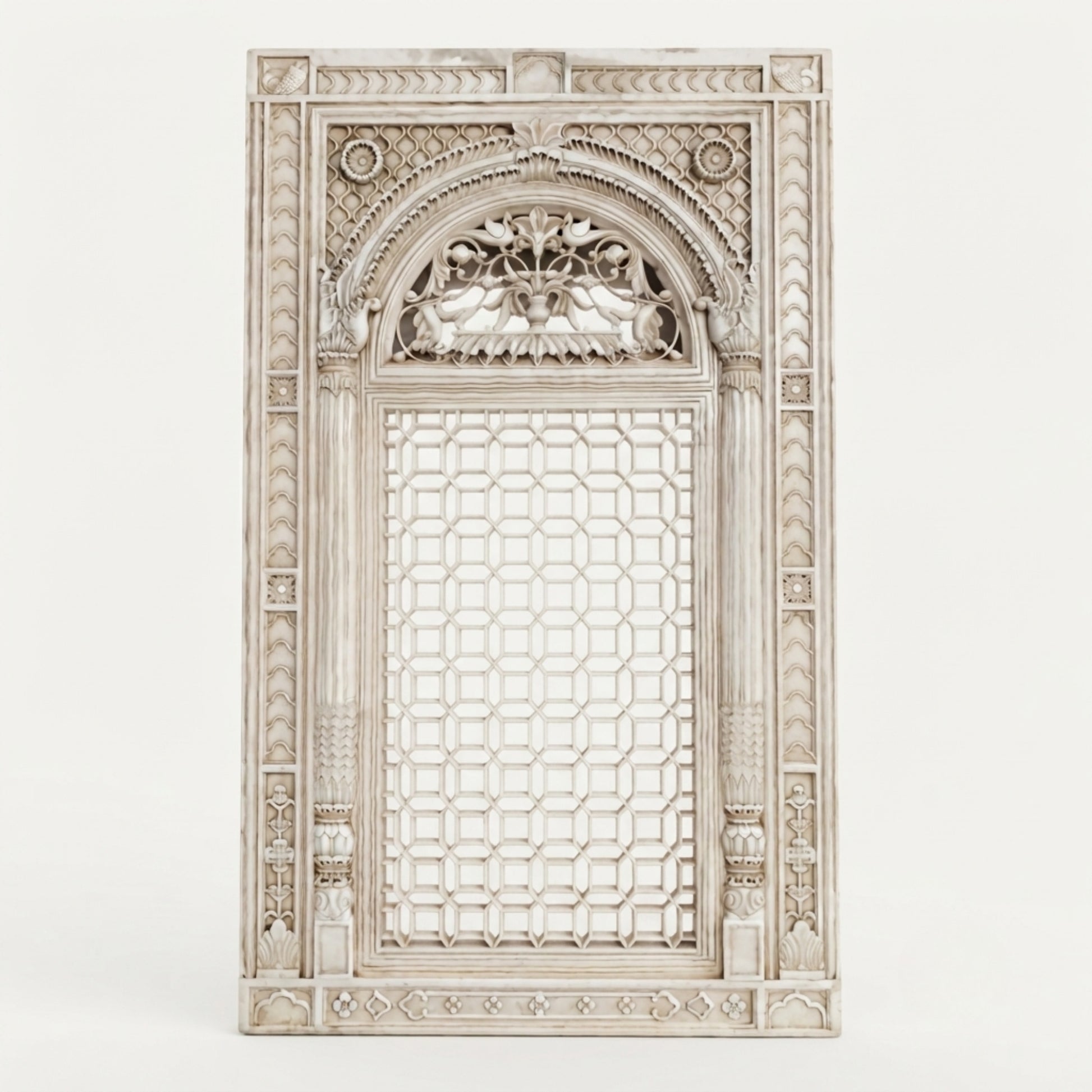 An ornate rectangular decorative screen or mirror frame with intricate carved detailing and a geometric lattice center panel, shown against a plain light background.