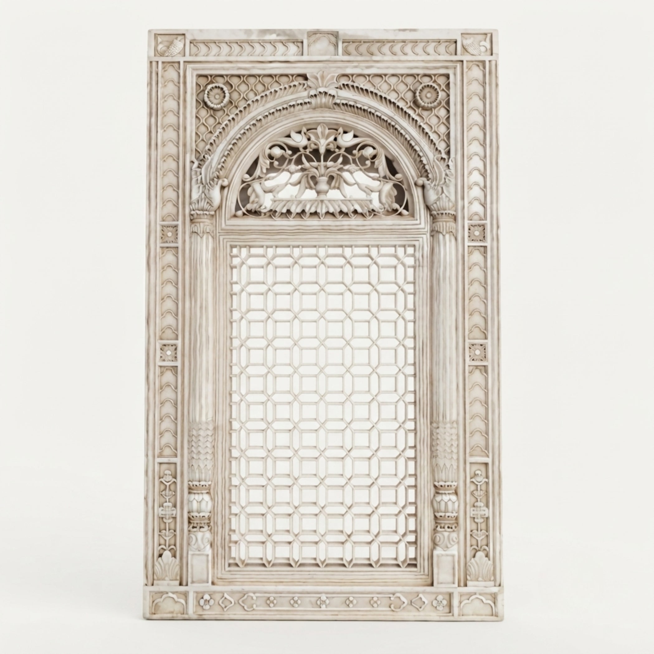 An ornate rectangular decorative screen or mirror frame with intricate carved detailing and a geometric lattice center panel, shown against a plain light background.