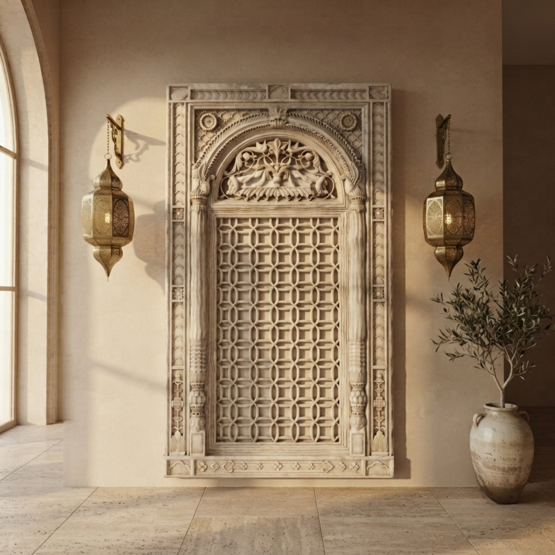 An ornate carved stone wall panel with a geometric lattice center and decorative arch top, displayed in a warm beige interior setting with two brass wall lanterns and a ceramic vase with branches.