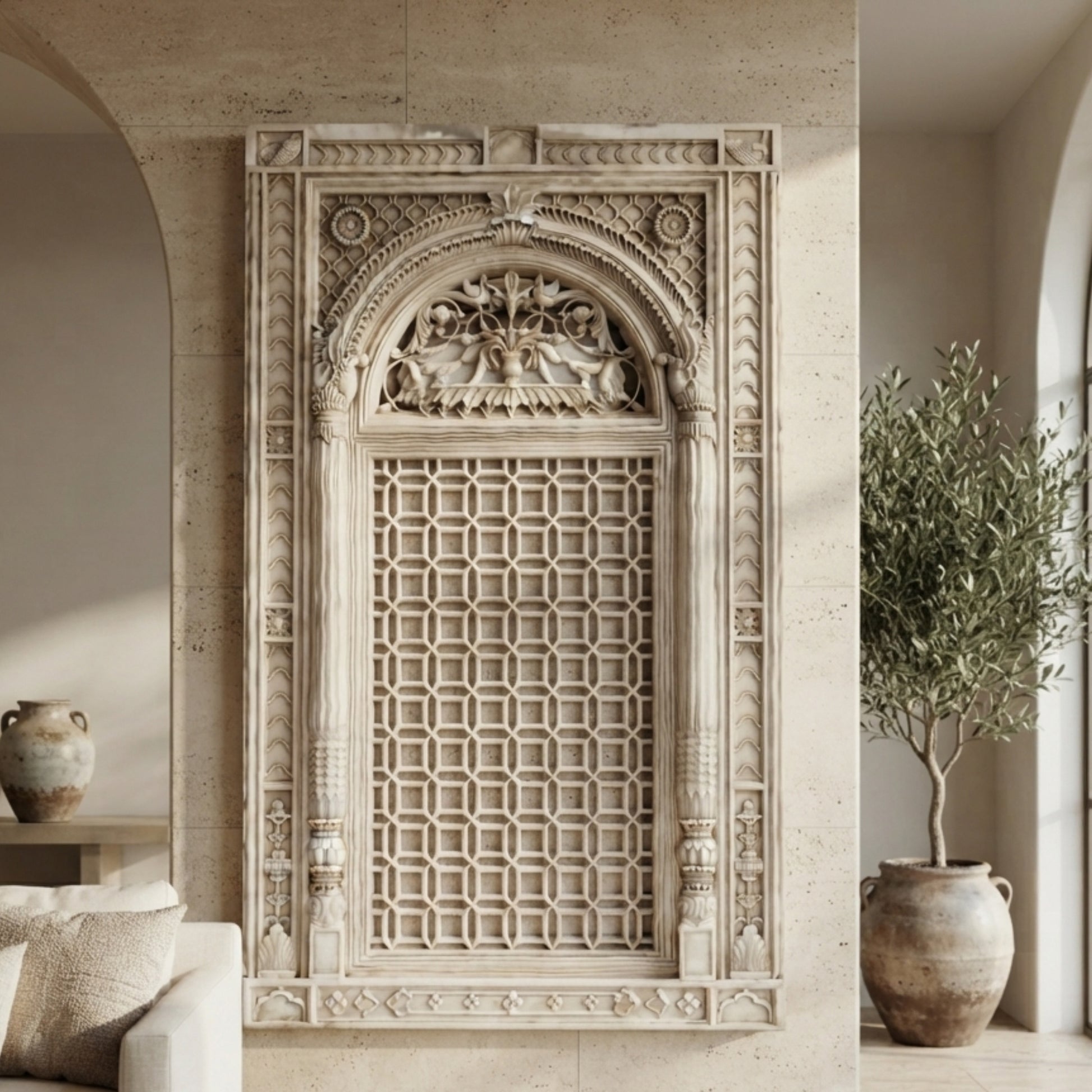 An ornate carved stone wall panel or decorative screen with an arched top and geometric lattice center, shown installed in a warm beige interior with arches, a sofa edge, and a potted olive tree.