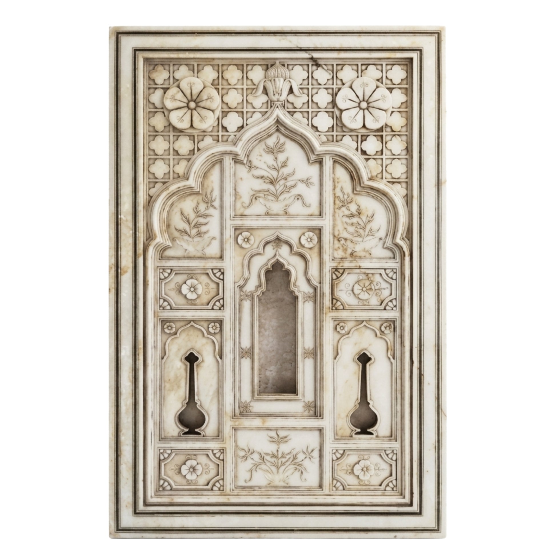 An ornate rectangular carved wall panel or decorative plaque with intricate floral and geometric motifs, shown against a plain white background.