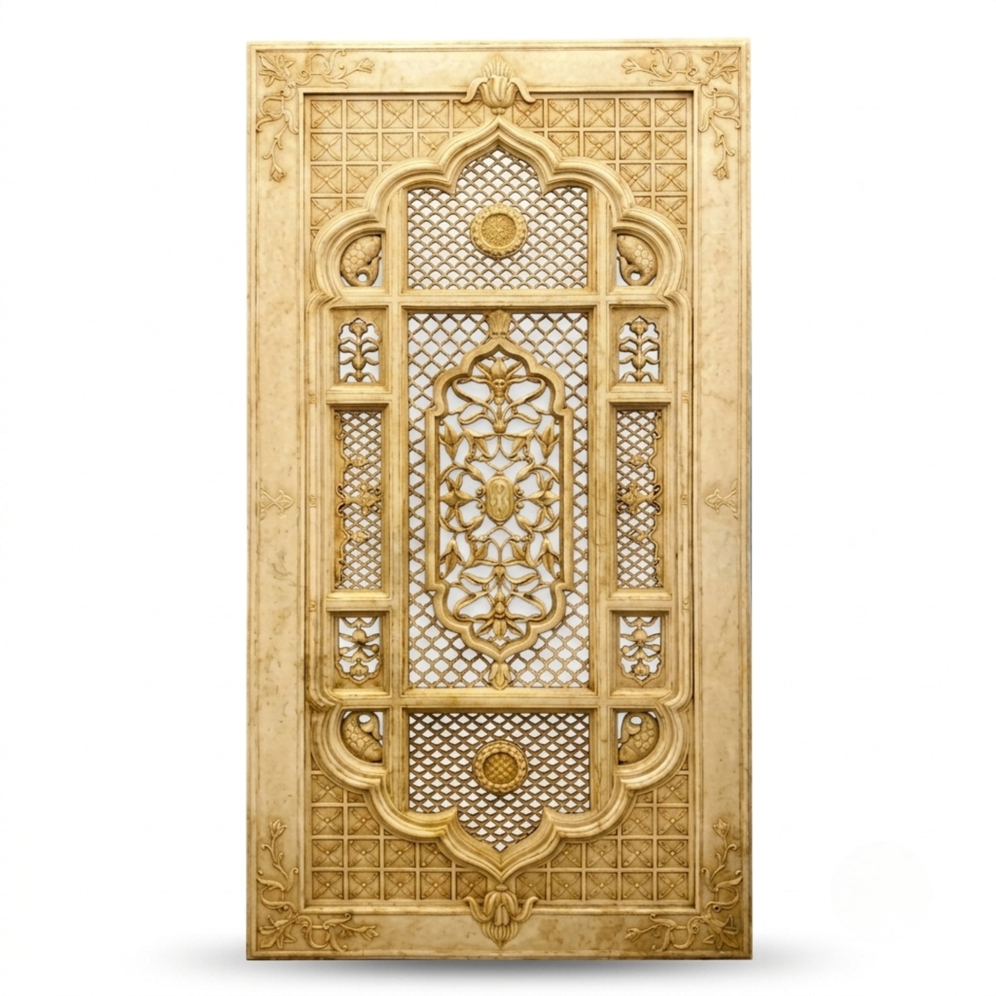 An ornate rectangular decorative panel with intricate geometric and floral cutout patterns in a warm gold and beige tone, shown against a plain white background.