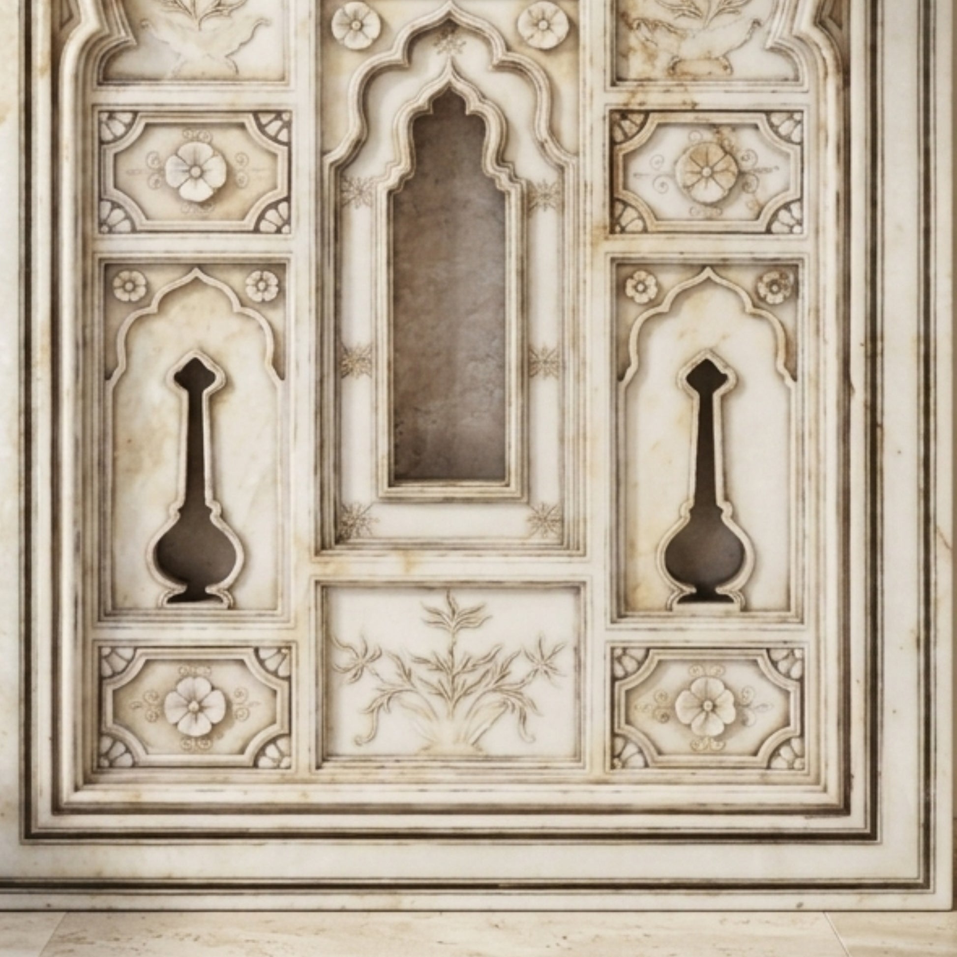 An ornate beige and cream marble wall panel with intricate Islamic architectural carvings, floral motifs, and two dark recessed calligraphic details.