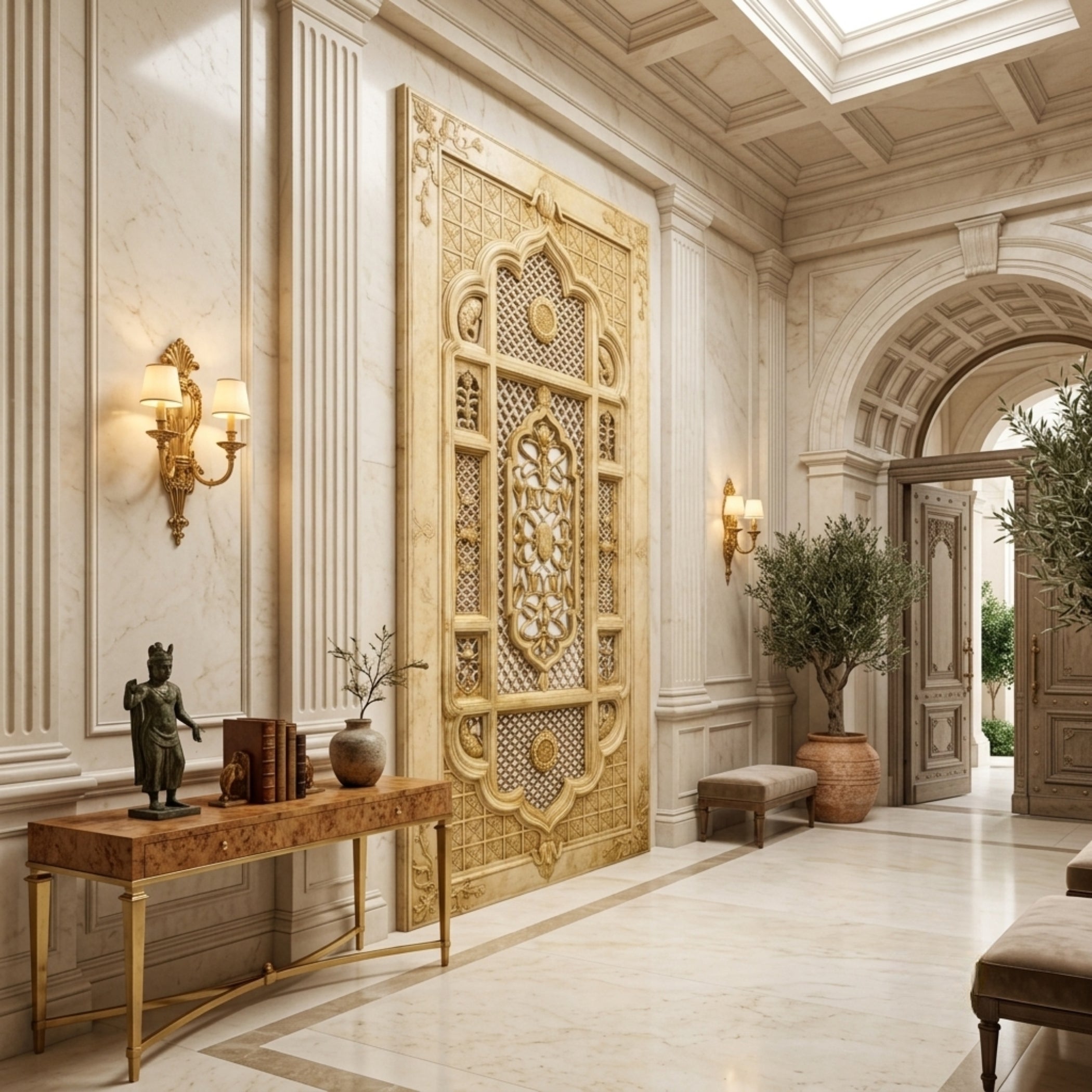 An ornate carved decorative wall panel in warm beige and gold tones, displayed in a grand classical interior with marble walls, sconces, a console table, and potted plants.