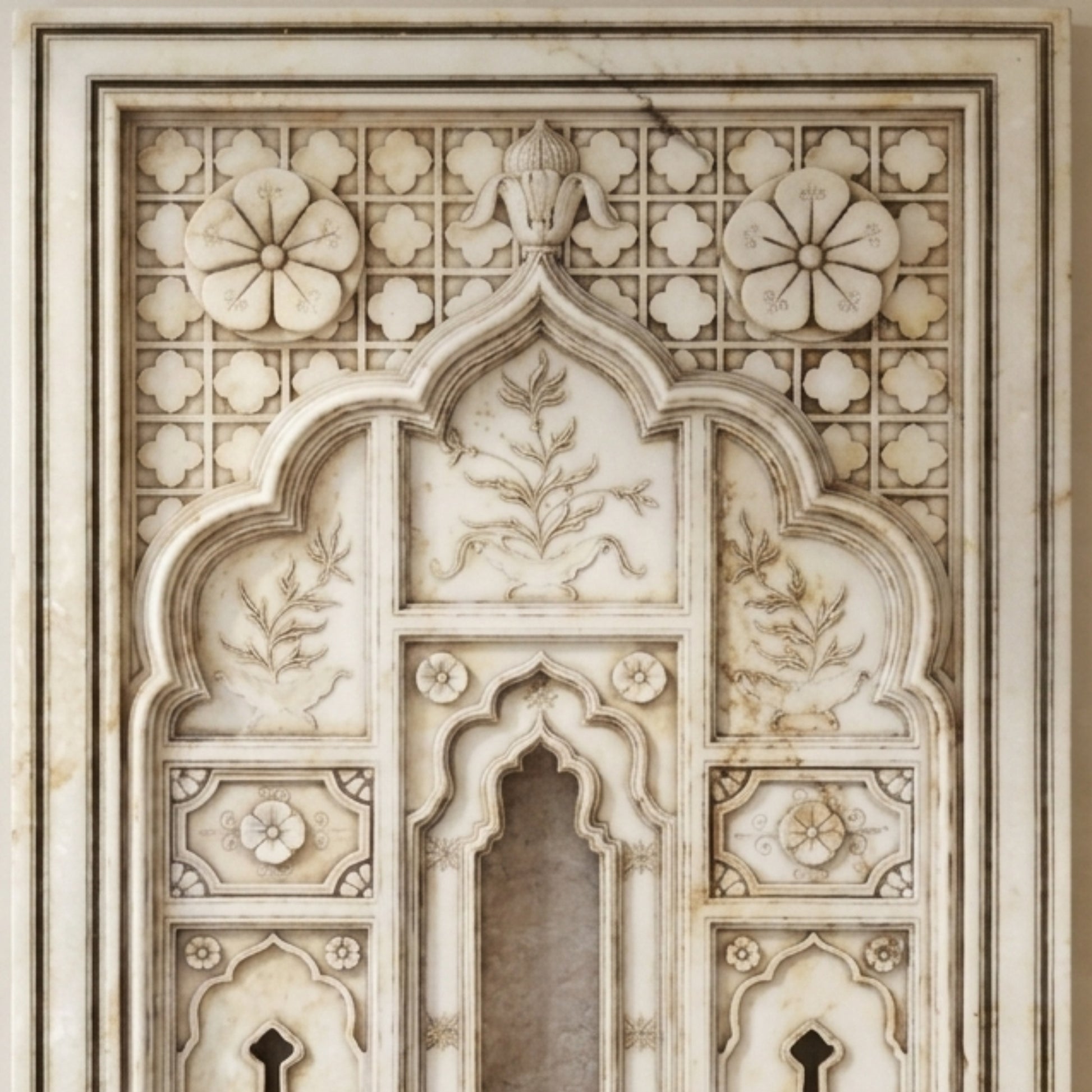 Close-up of an ornate carved stone window or door panel with a geometric lattice lower section and an arched decorative upper section featuring floral and bird motifs.