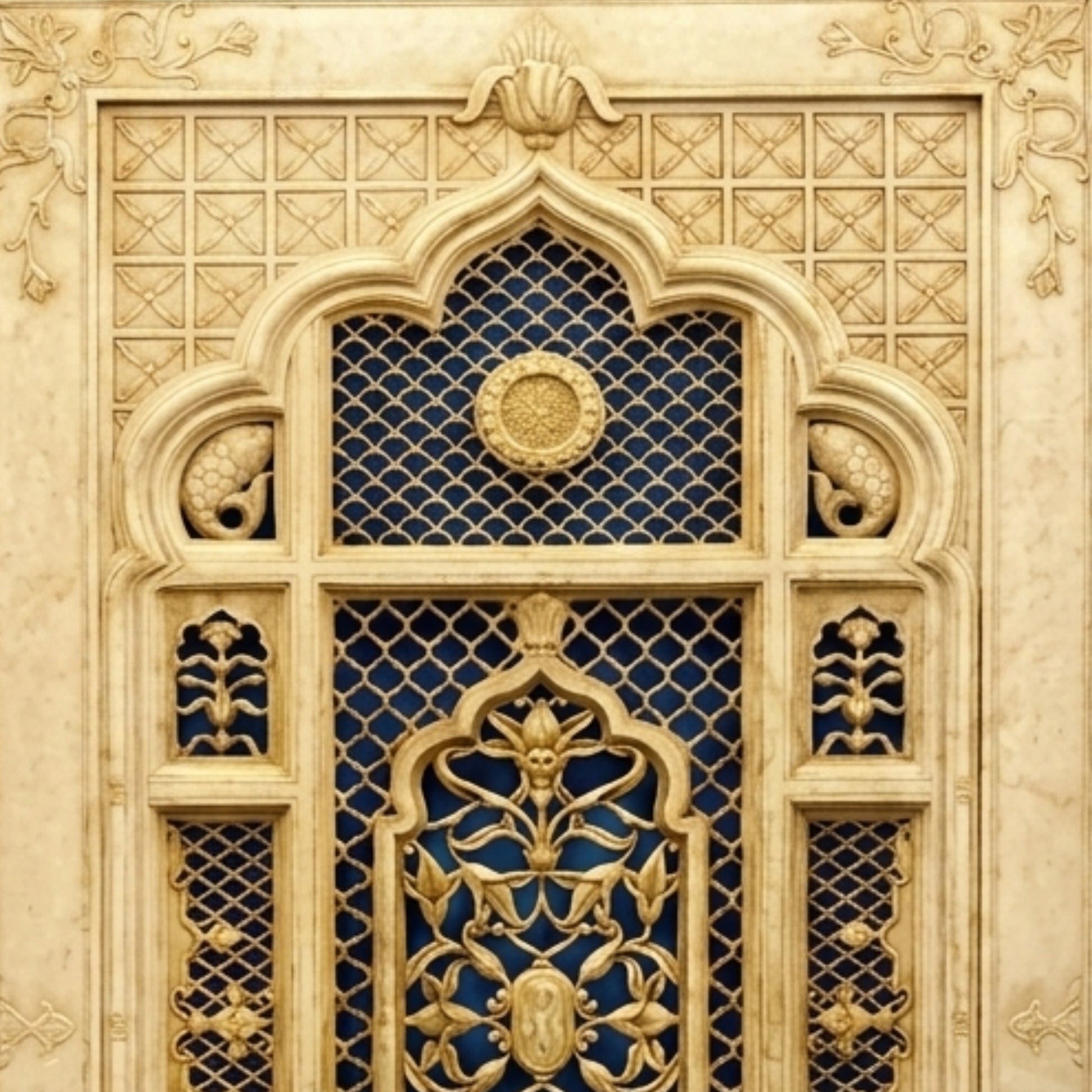 An ornate architectural-style decorative panel with carved beige stone-like forms and deep blue geometric lattice sections, featuring floral and scroll motifs.
