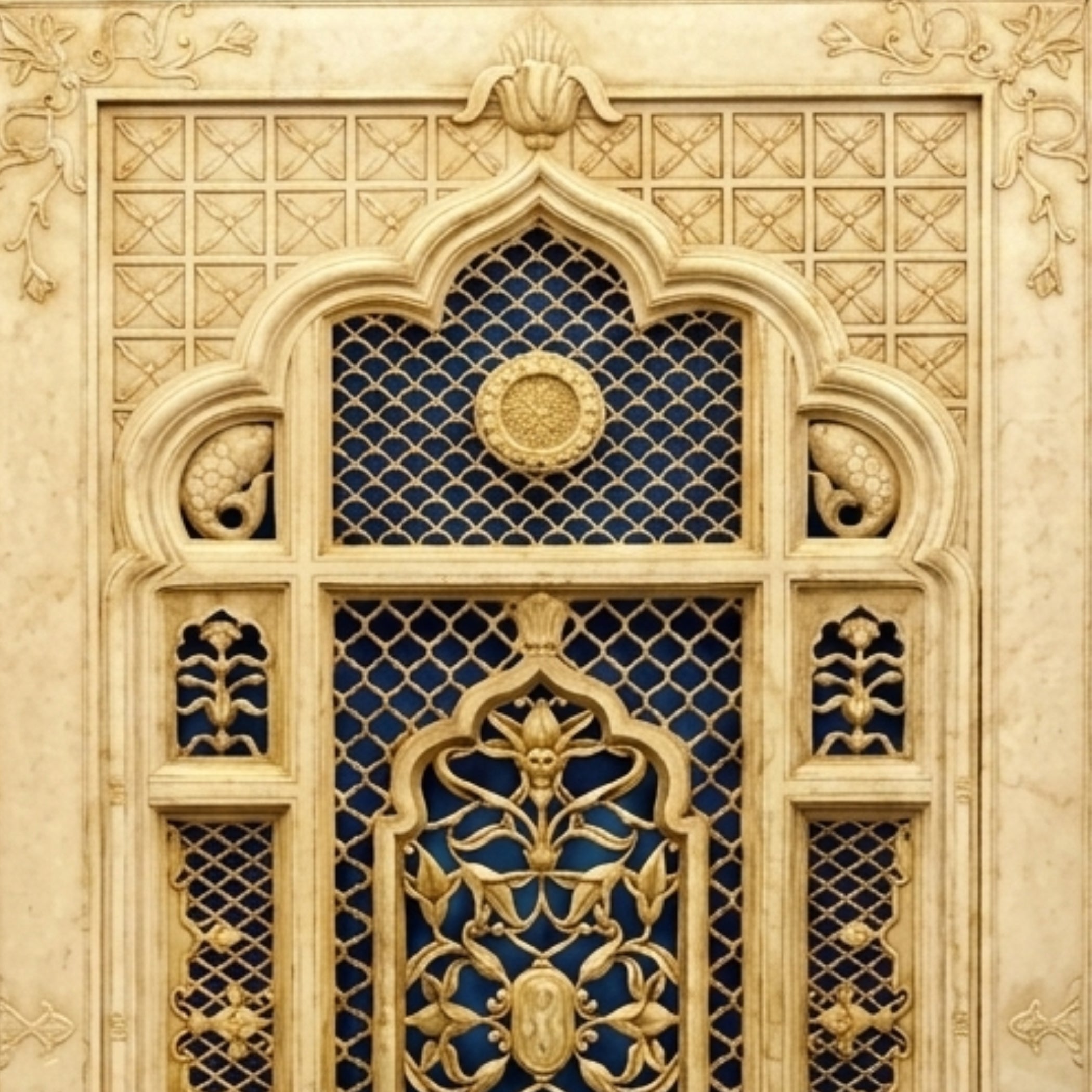 An ornate architectural-style decorative panel with carved beige stone-like forms and deep blue geometric lattice sections, featuring floral and scroll motifs.