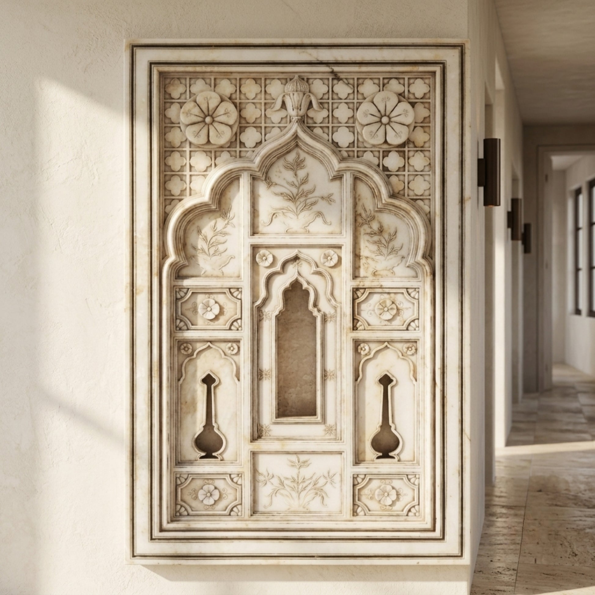 An ornate carved stone wall niche or decorative panel with arches, floral motifs, and two small vase-like cutouts, mounted on a beige wall in a hallway.