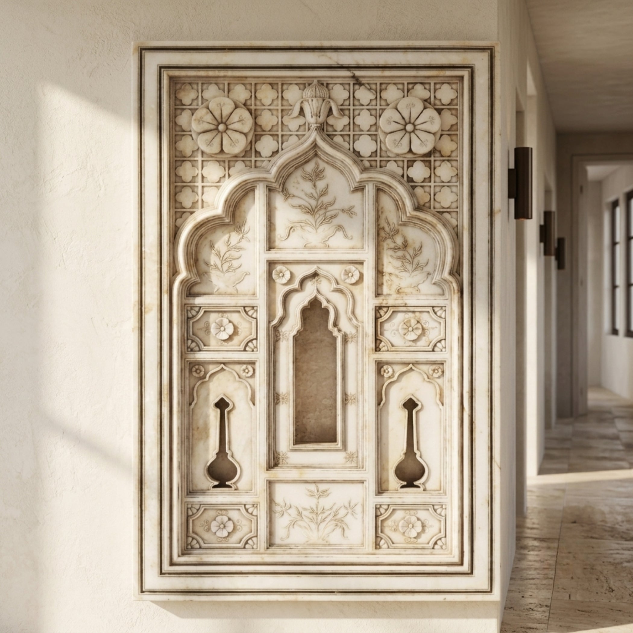 An ornate carved stone wall niche or decorative panel with arches, floral motifs, and two small vase-like cutouts, mounted on a beige wall in a hallway.