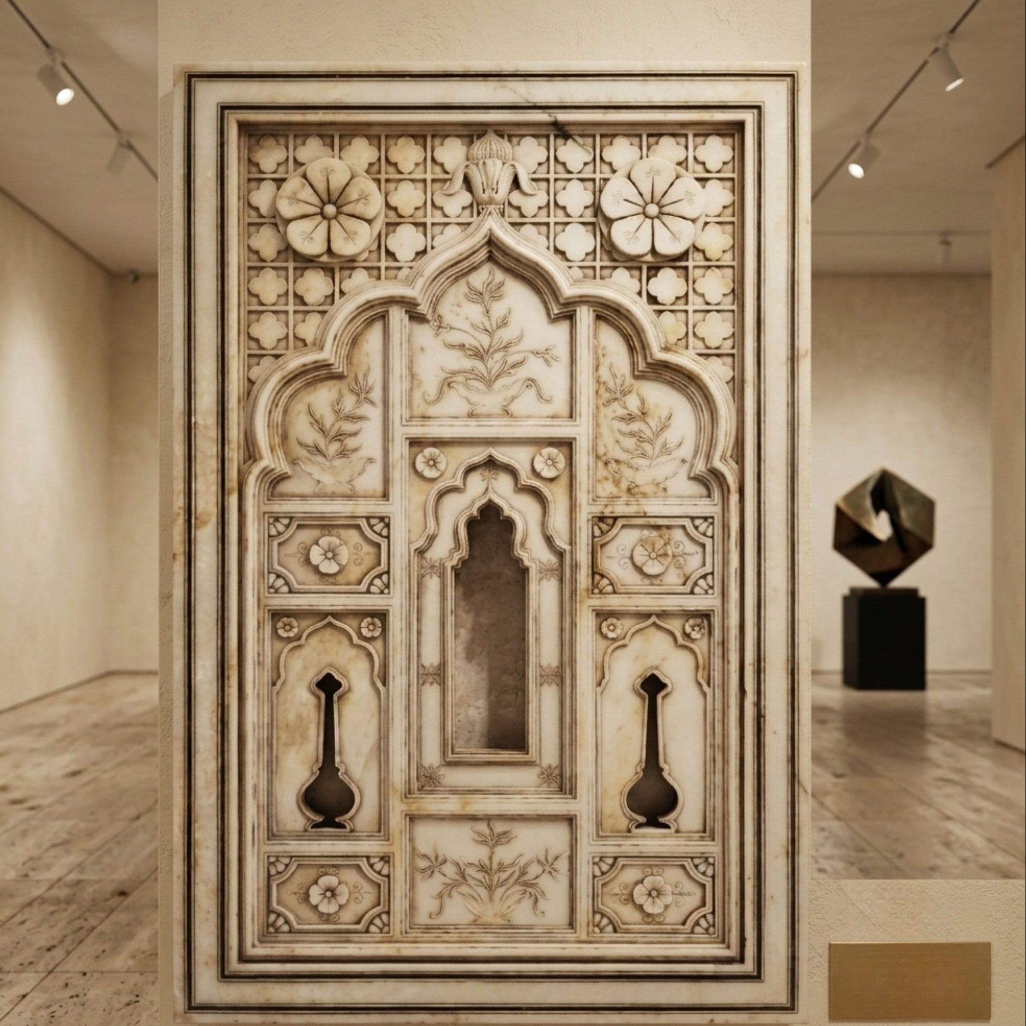 An ornate carved stone or marble wall panel with intricate floral and geometric patterns, displayed in a gallery or museum setting with track lighting and other sculptures in the background.
