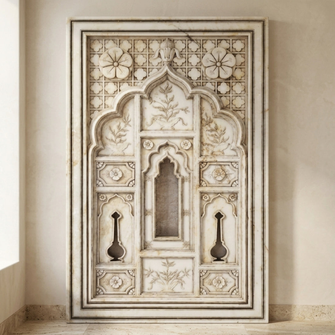 An ornate rectangular carved stone wall panel with intricate floral and geometric patterns, mounted on a beige plaster wall.