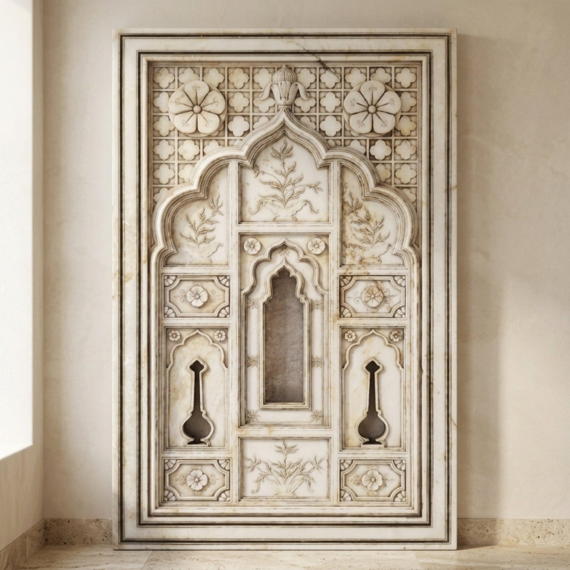 An ornate rectangular carved stone wall panel with intricate floral and geometric patterns, mounted on a beige plaster wall.