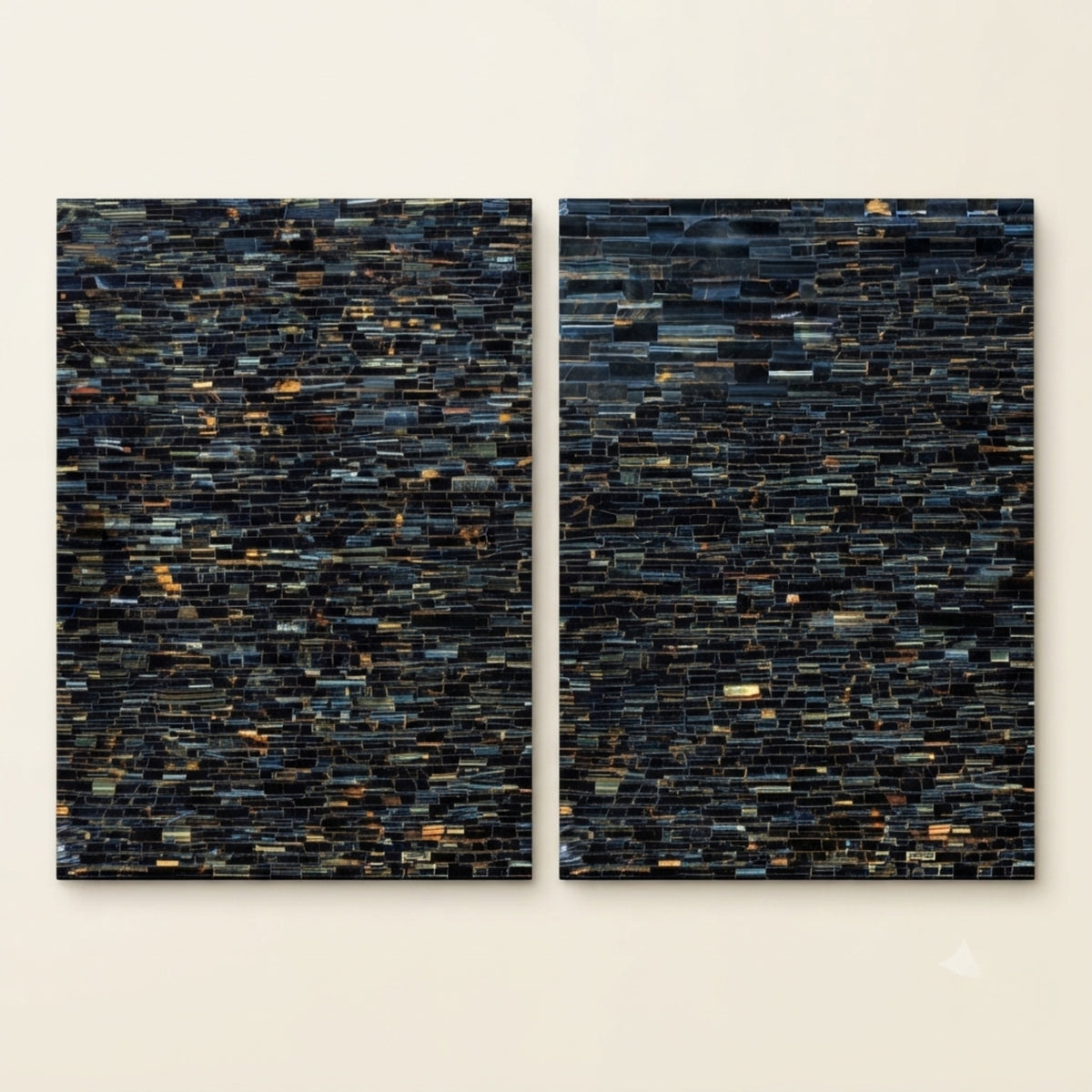 A two-panel canvas wall art set featuring a textured abstract pattern of dark navy, black, and metallic gold rectangular tiles, displayed on a light beige wall.