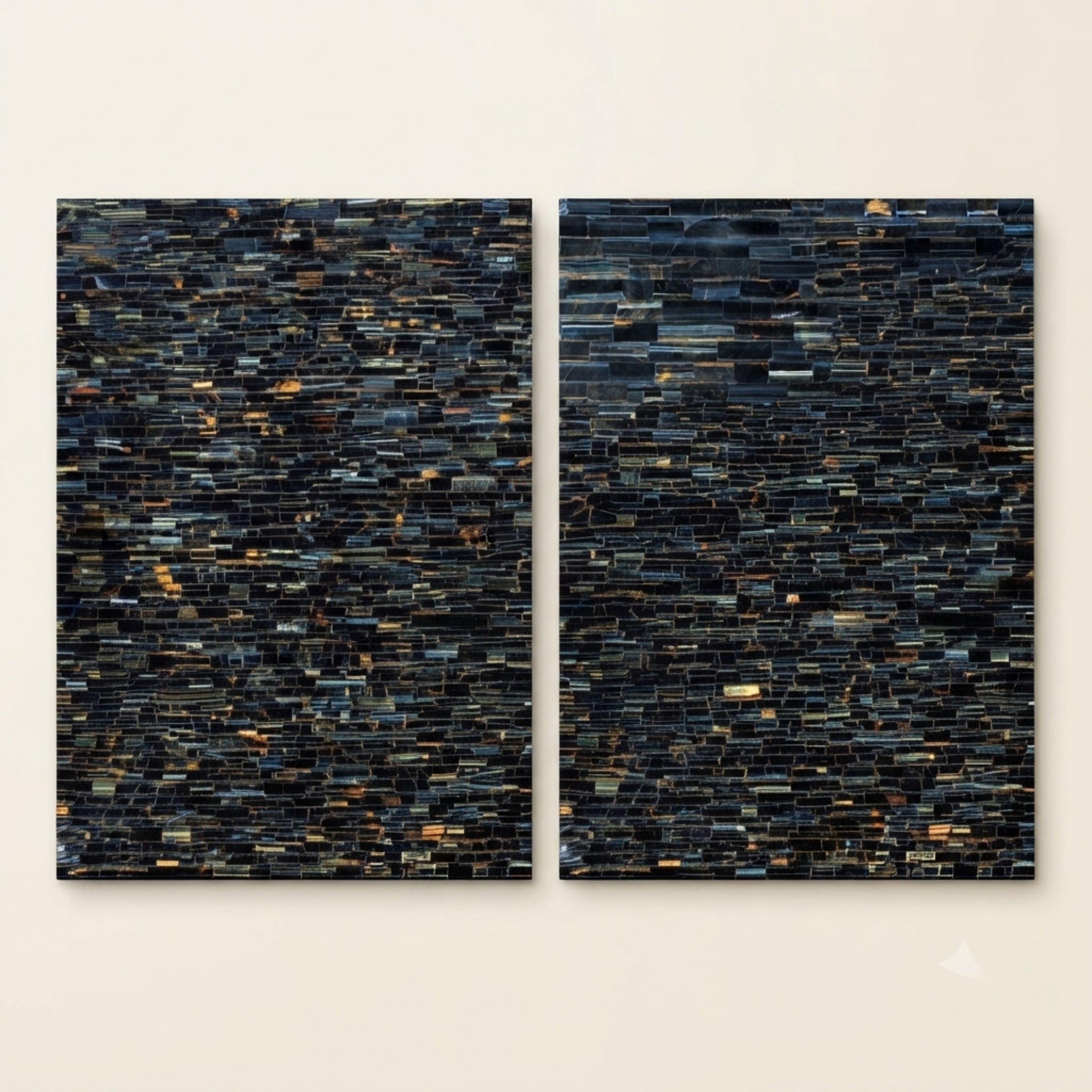 A two-panel canvas wall art set featuring a textured abstract pattern of dark navy, black, and metallic gold rectangular tiles, displayed on a light beige wall.