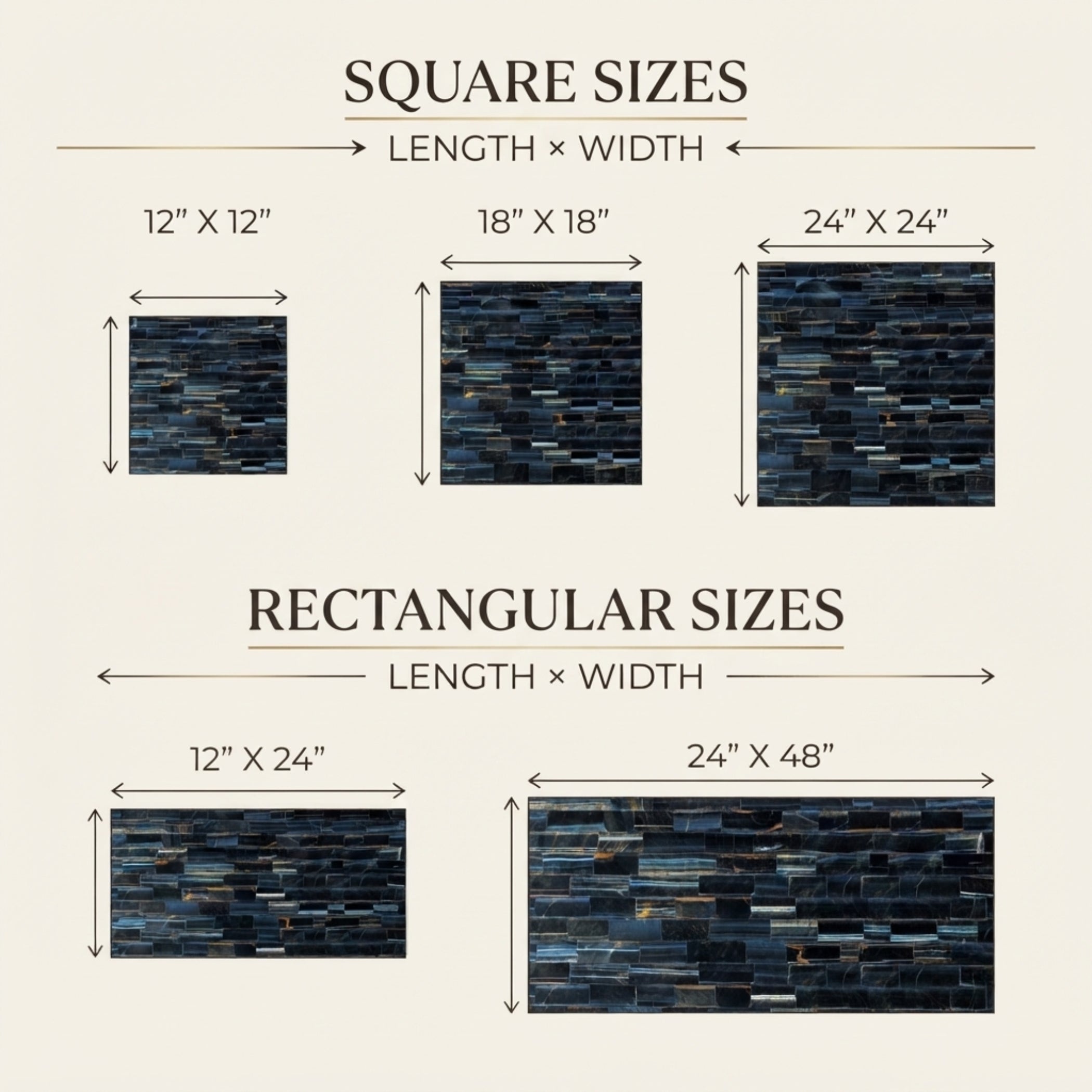 A size chart for stone tile or stone veneer samples showing square and rectangular dimensions. The top section labeled 'SQUARE SIZES' shows sample squares labeled 12" x 12", 18" x 18", and 24" x 24" with arrows indicating length and width.