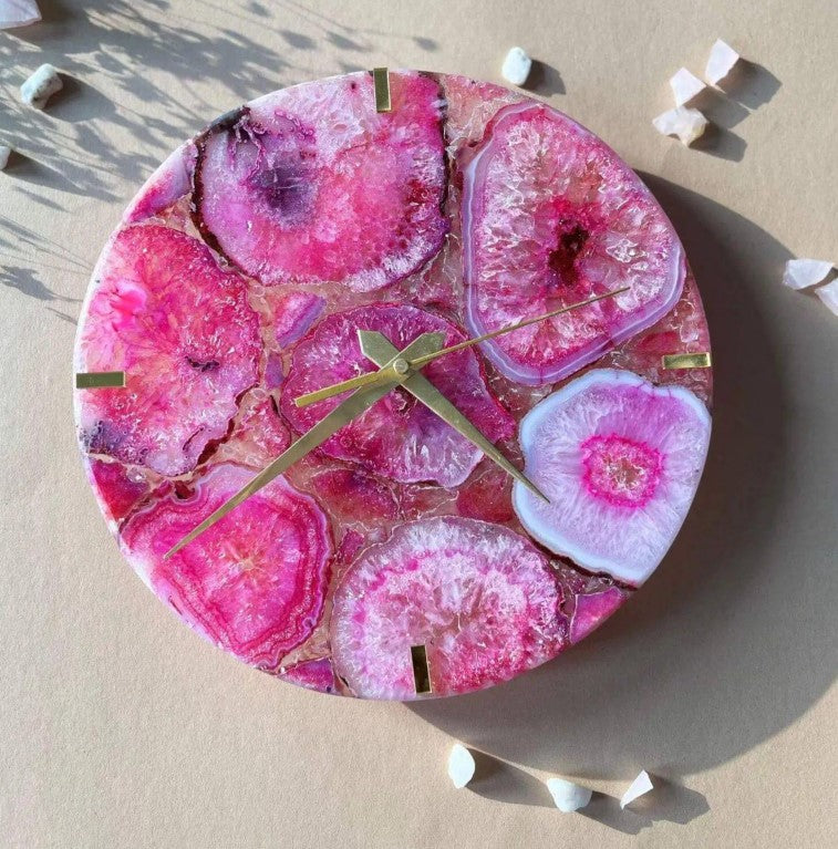 Handmade Pink Agate Wall Clock | Crystal Stone Art Luxury Decor